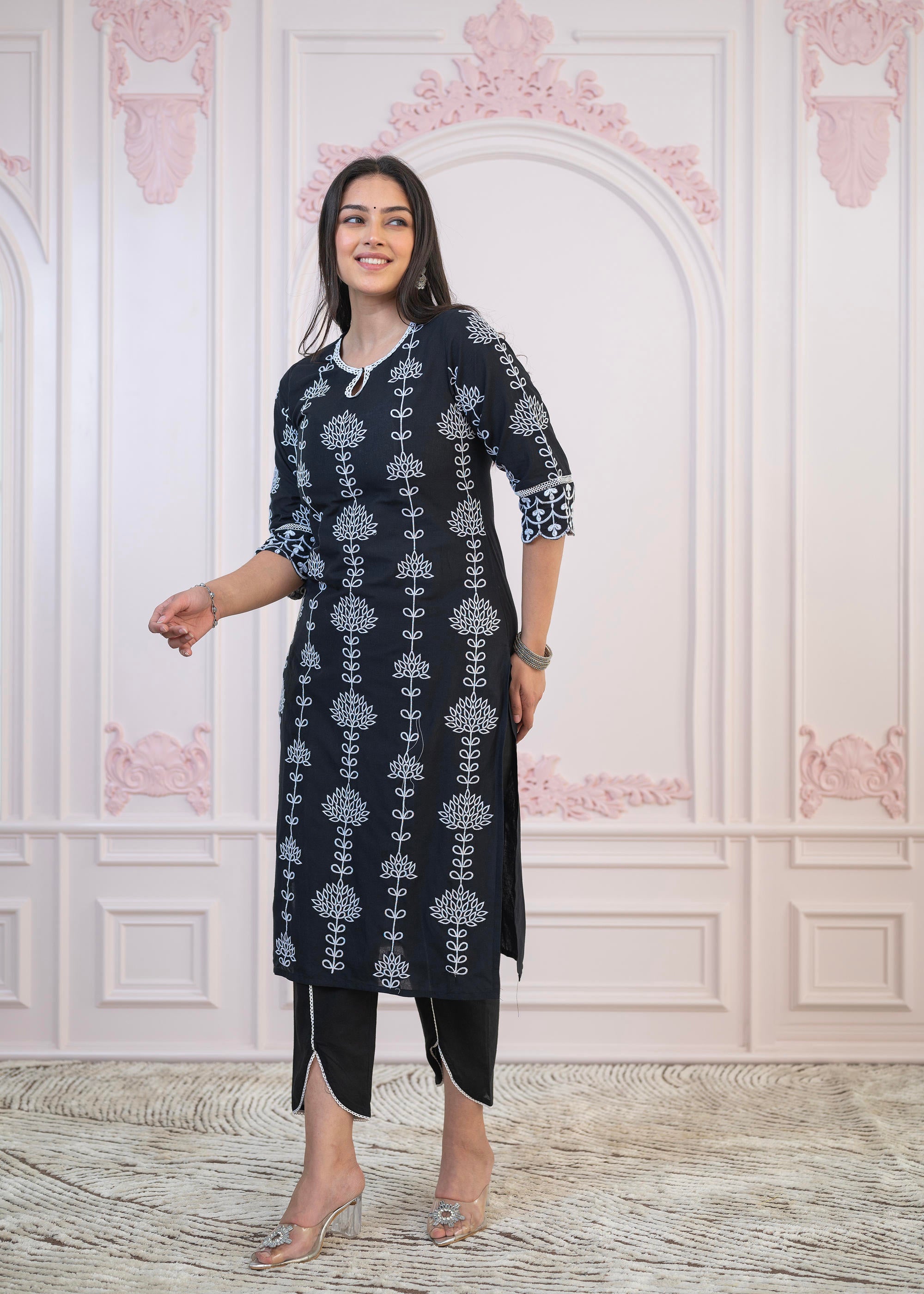 Black Cotton Slub Embroidered Kurta-Pant Set with Thread Work & Cotton Lace