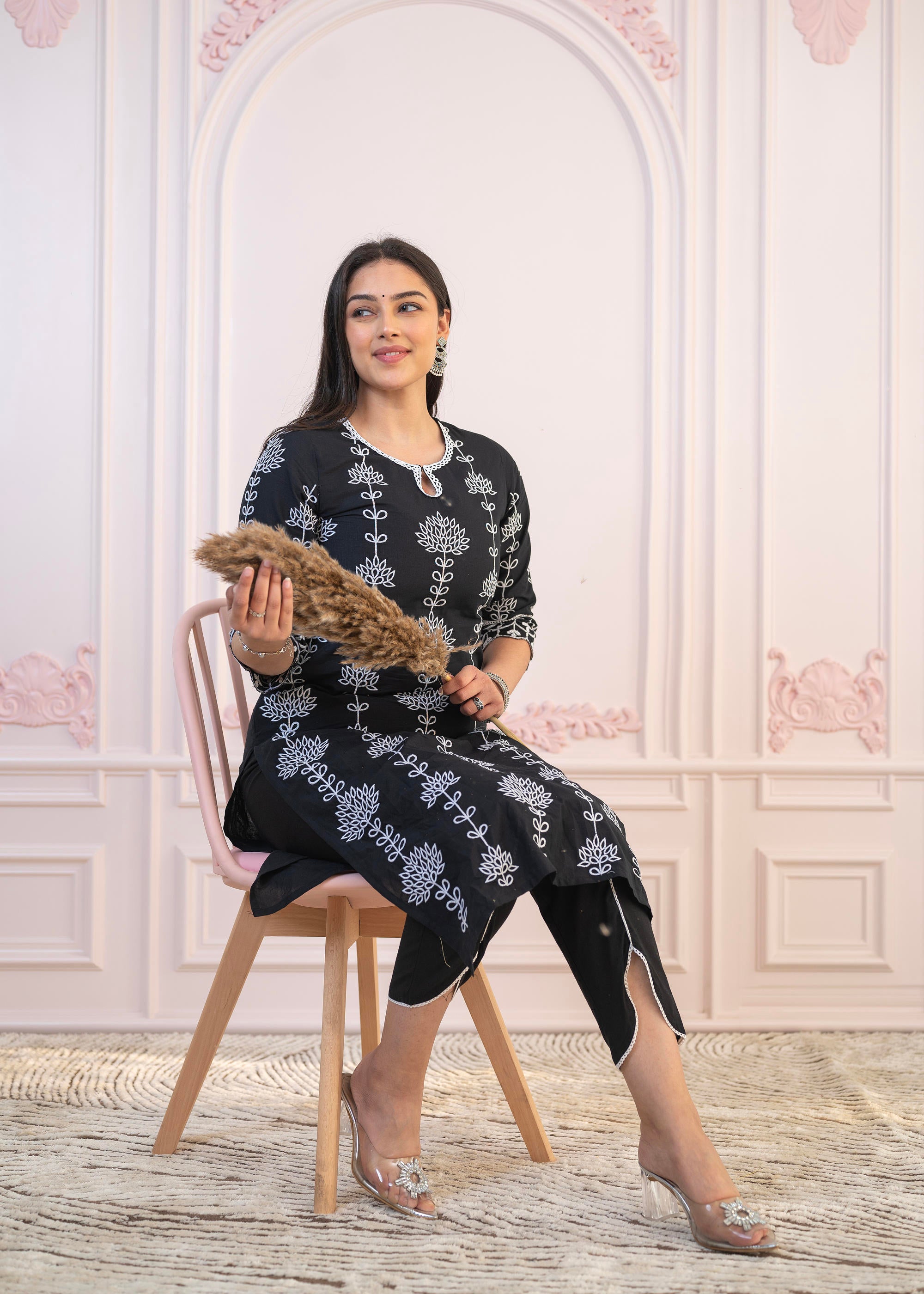 Black Cotton Slub Embroidered Kurta-Pant Set with Thread Work & Cotton Lace