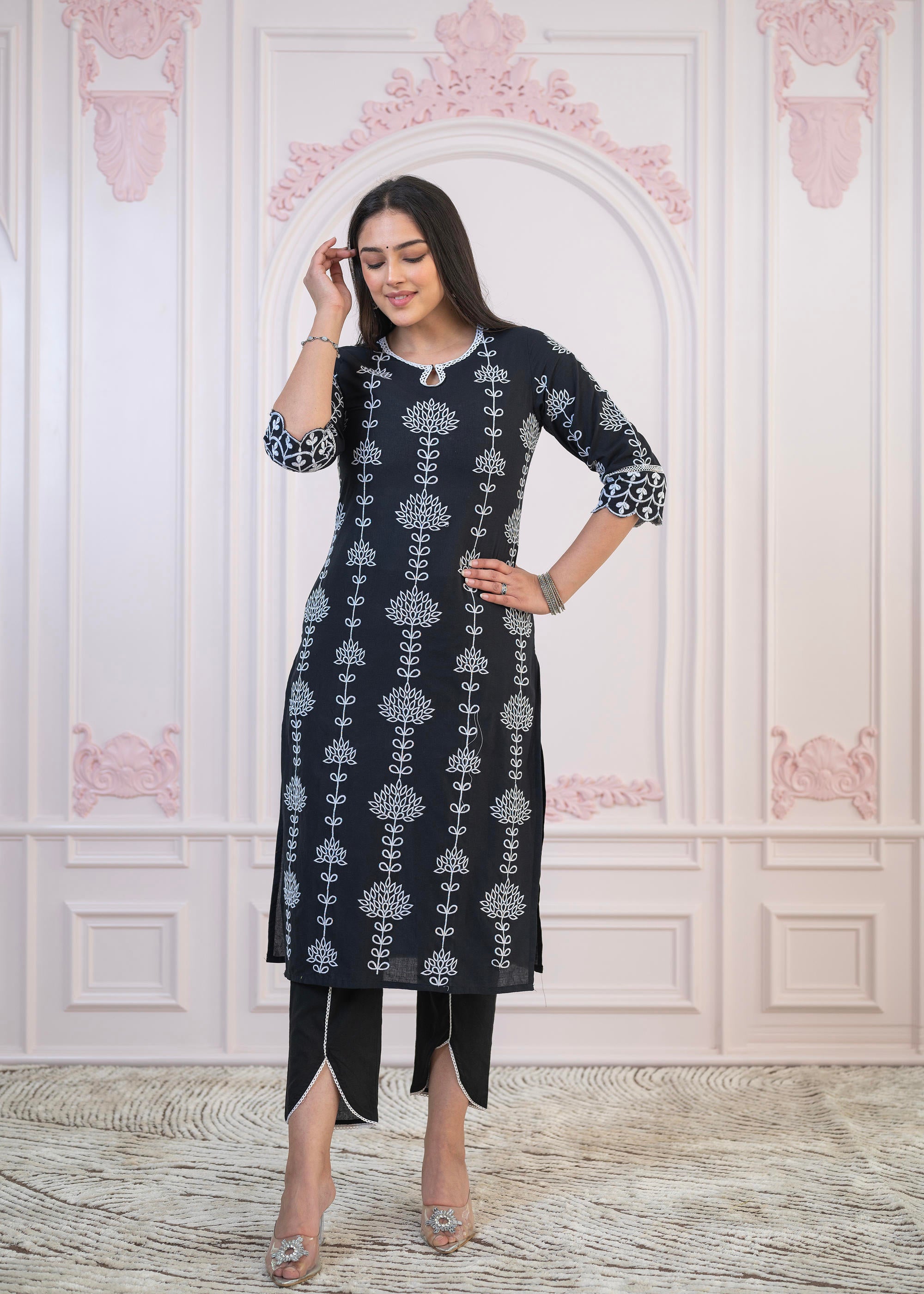 Black Cotton Slub Embroidered Kurta-Pant Set with Thread Work & Cotton Lace