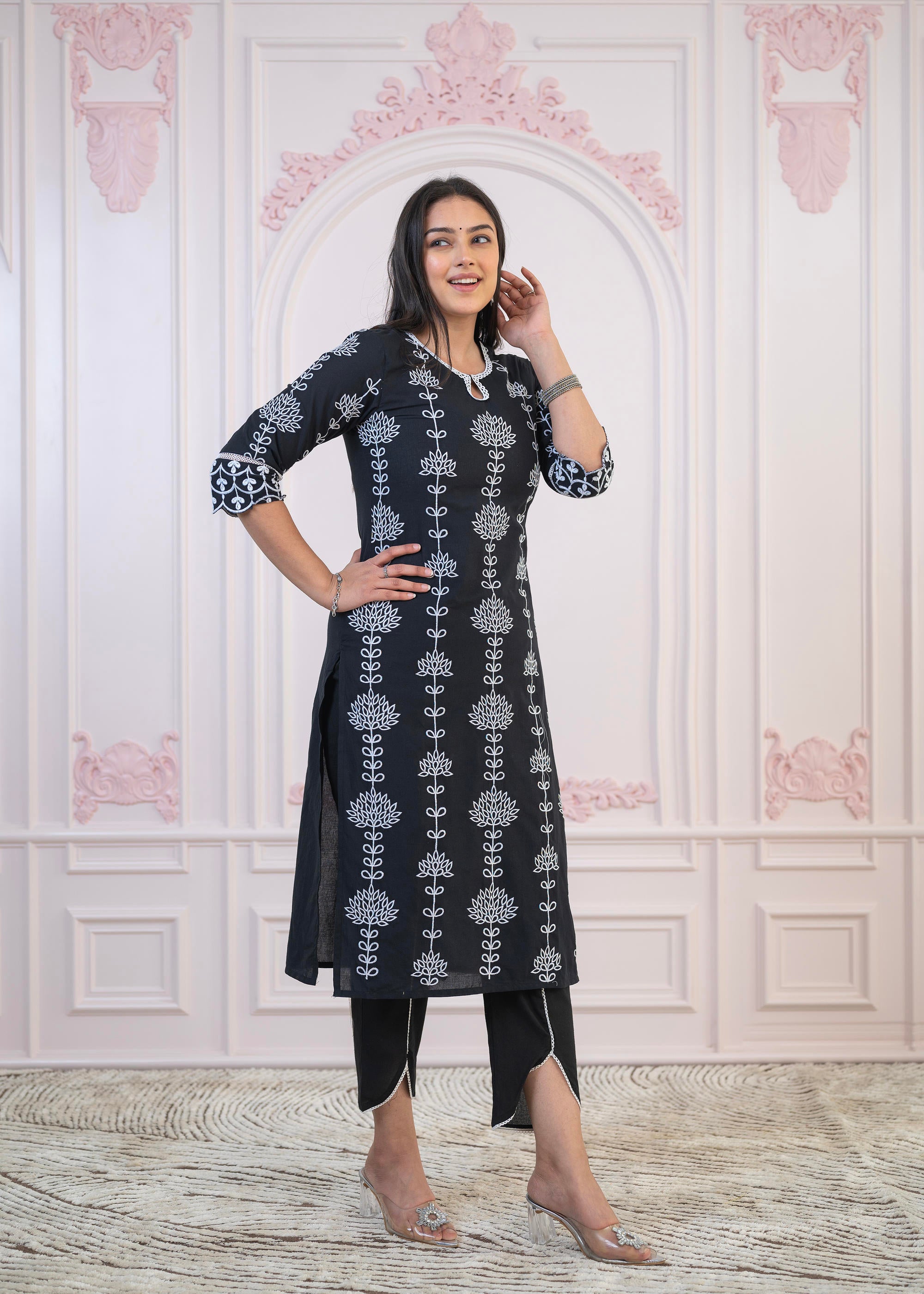 Black Cotton Slub Embroidered Kurta-Pant Set with Thread Work & Cotton Lace
