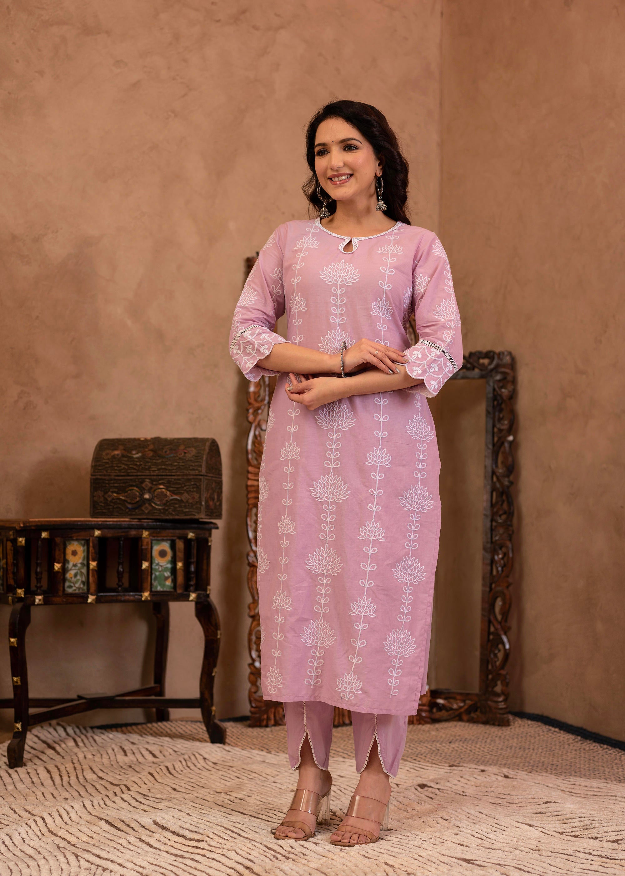 Lavender Embroidered Cotton Kurta with Palazzo & Cotton Sleeves