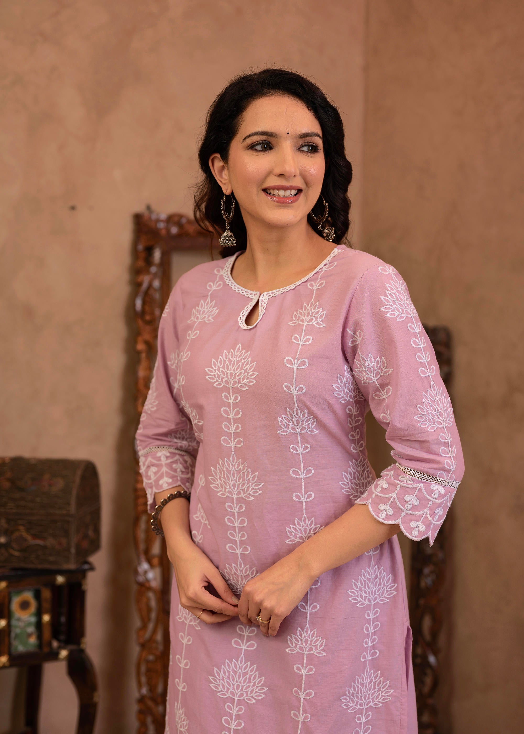 Lavender Embroidered Cotton Kurta with Palazzo & Cotton Sleeves