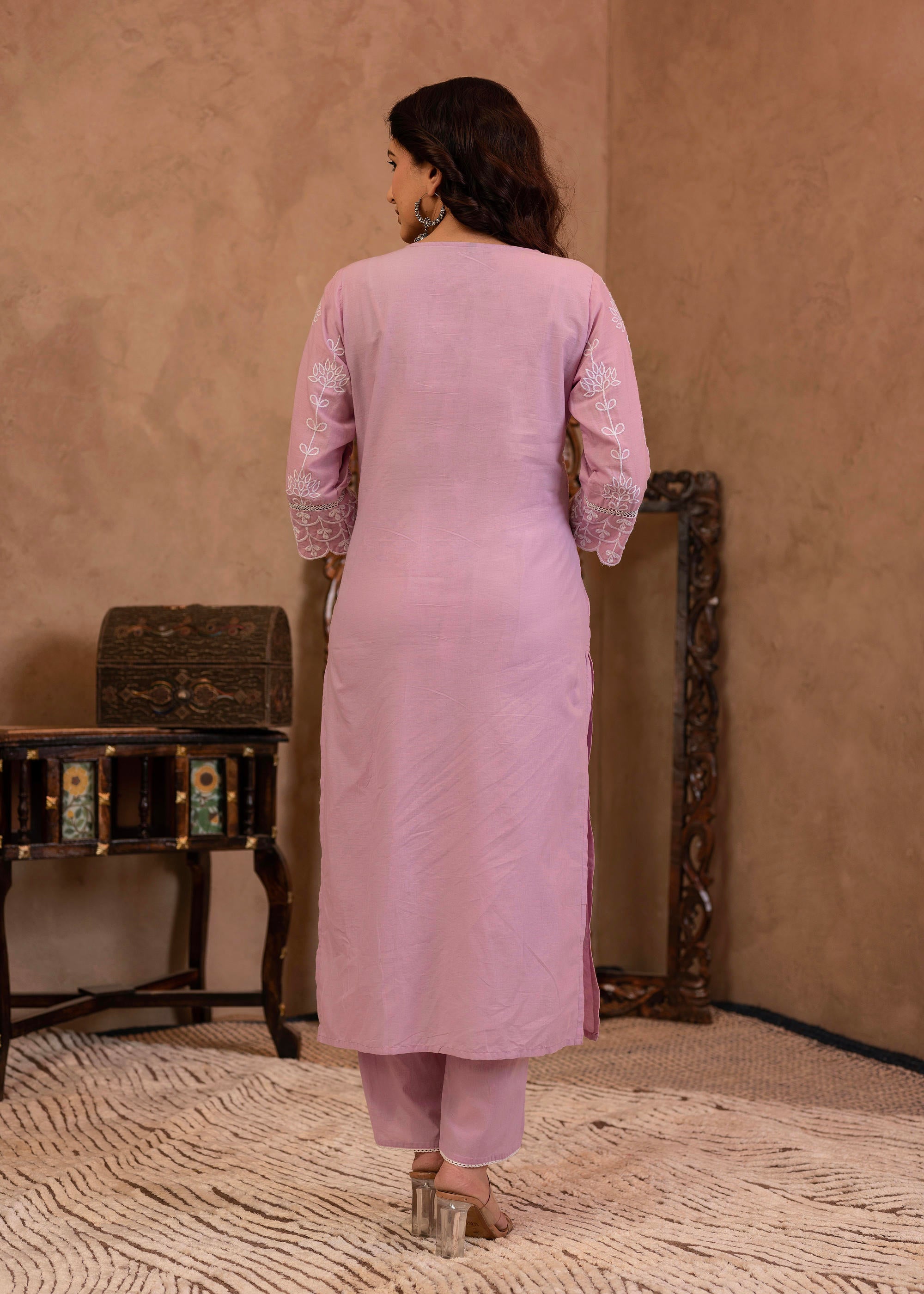 Lavender Embroidered Cotton Kurta with Palazzo & Cotton Sleeves
