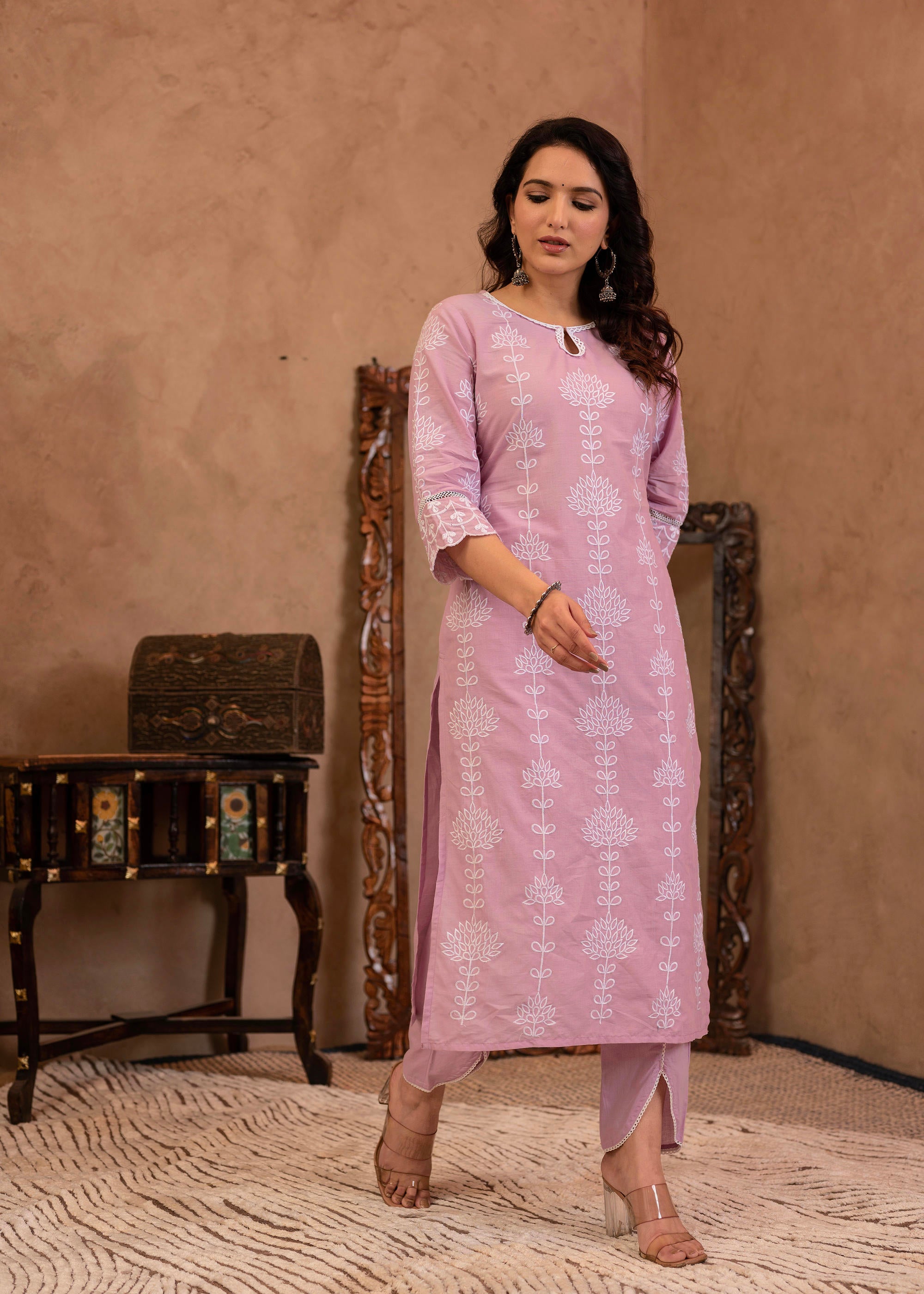Lavender Embroidered Cotton Kurta with Palazzo & Cotton Sleeves