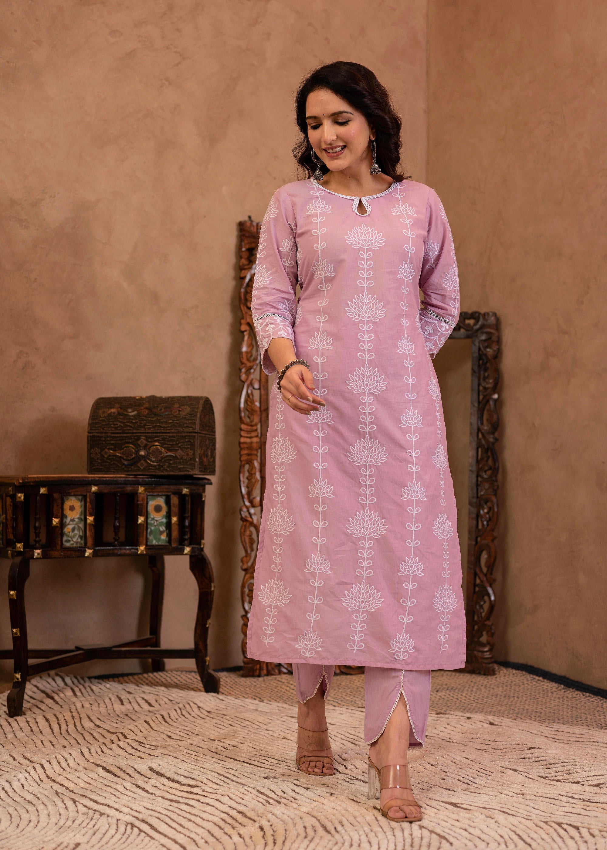 Lavender Embroidered Cotton Kurta with Palazzo & Cotton Sleeves
