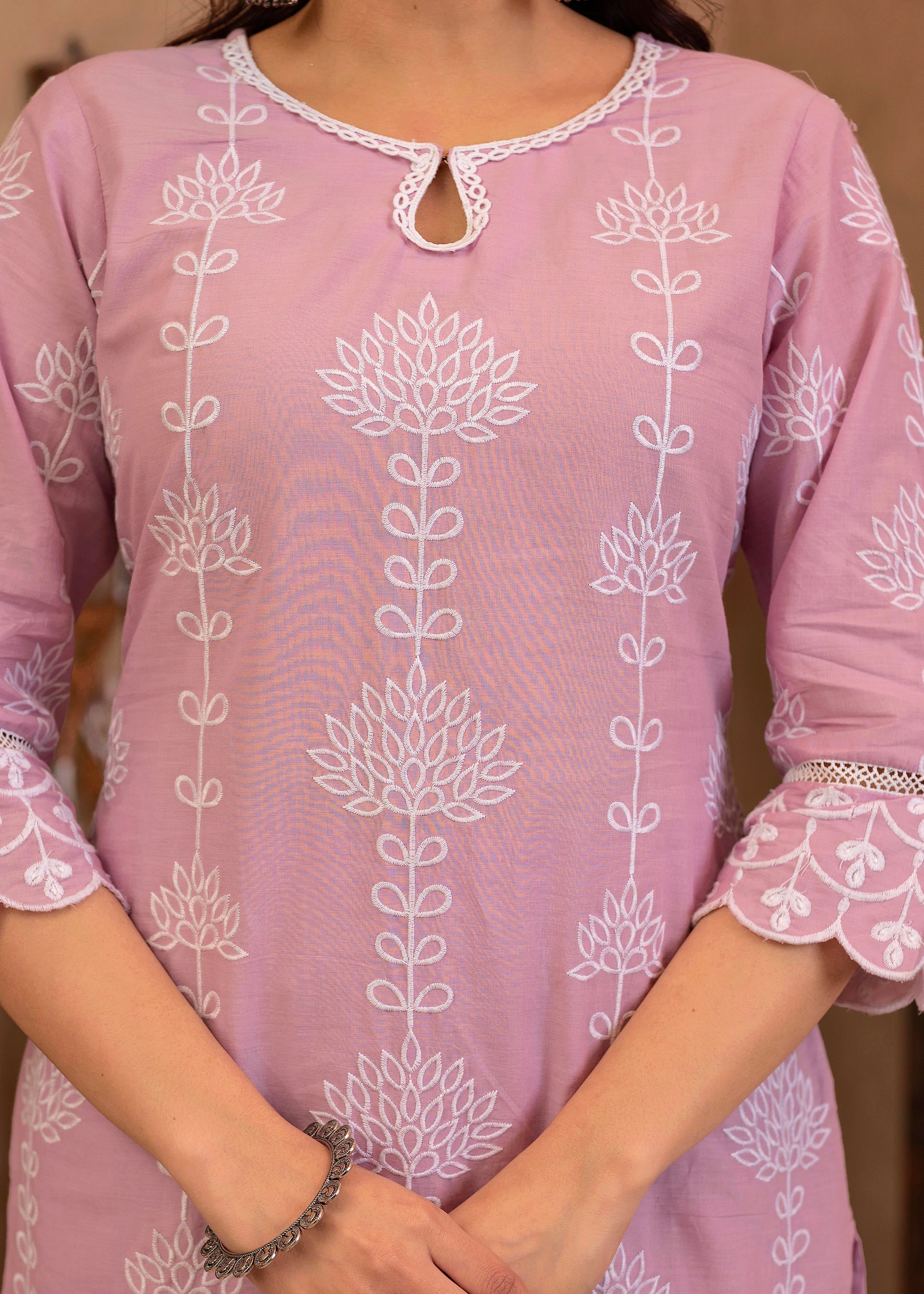 Lavender Embroidered Cotton Kurta with Palazzo & Cotton Sleeves