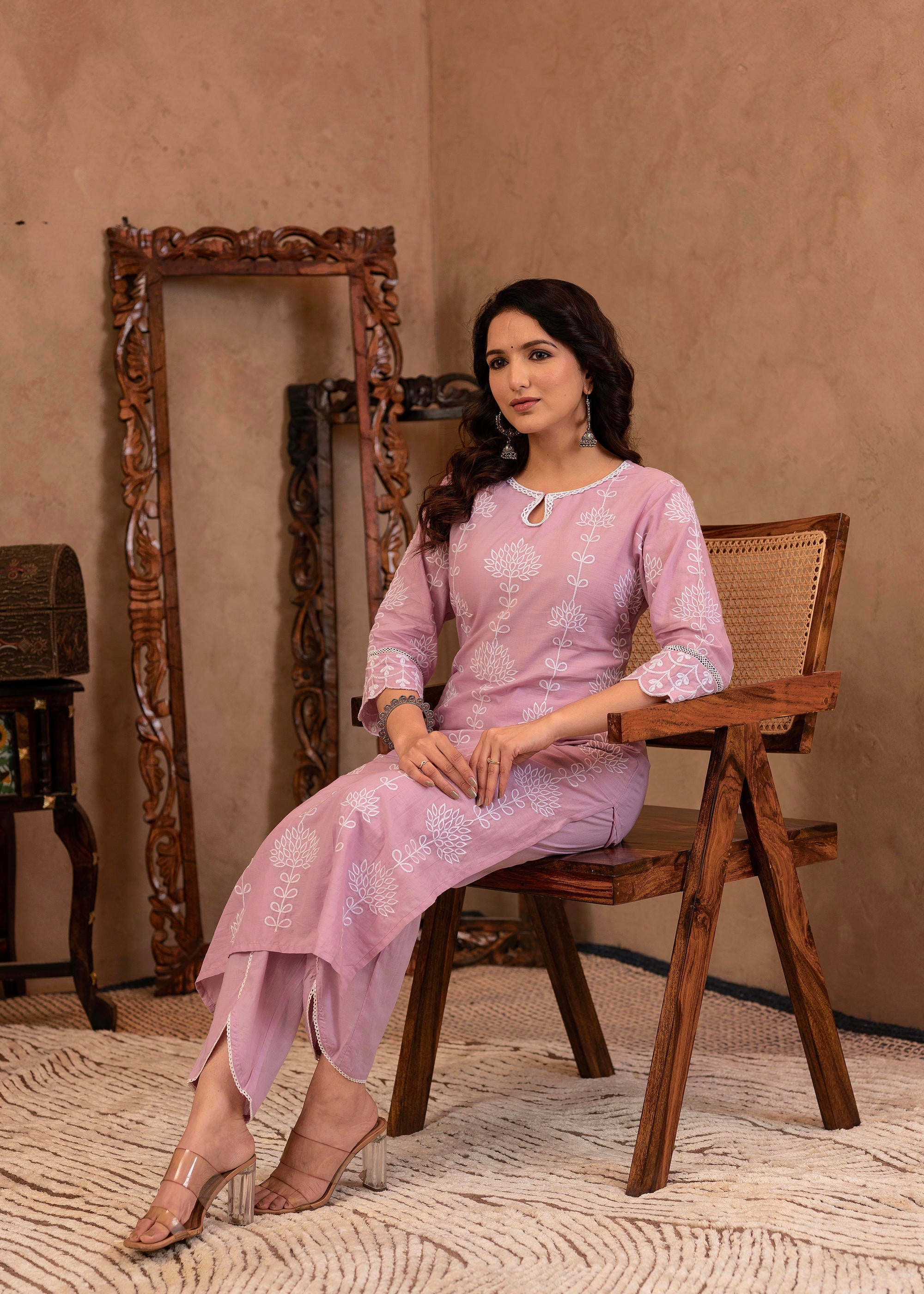 Lavender Embroidered Cotton Kurta with Palazzo & Cotton Sleeves