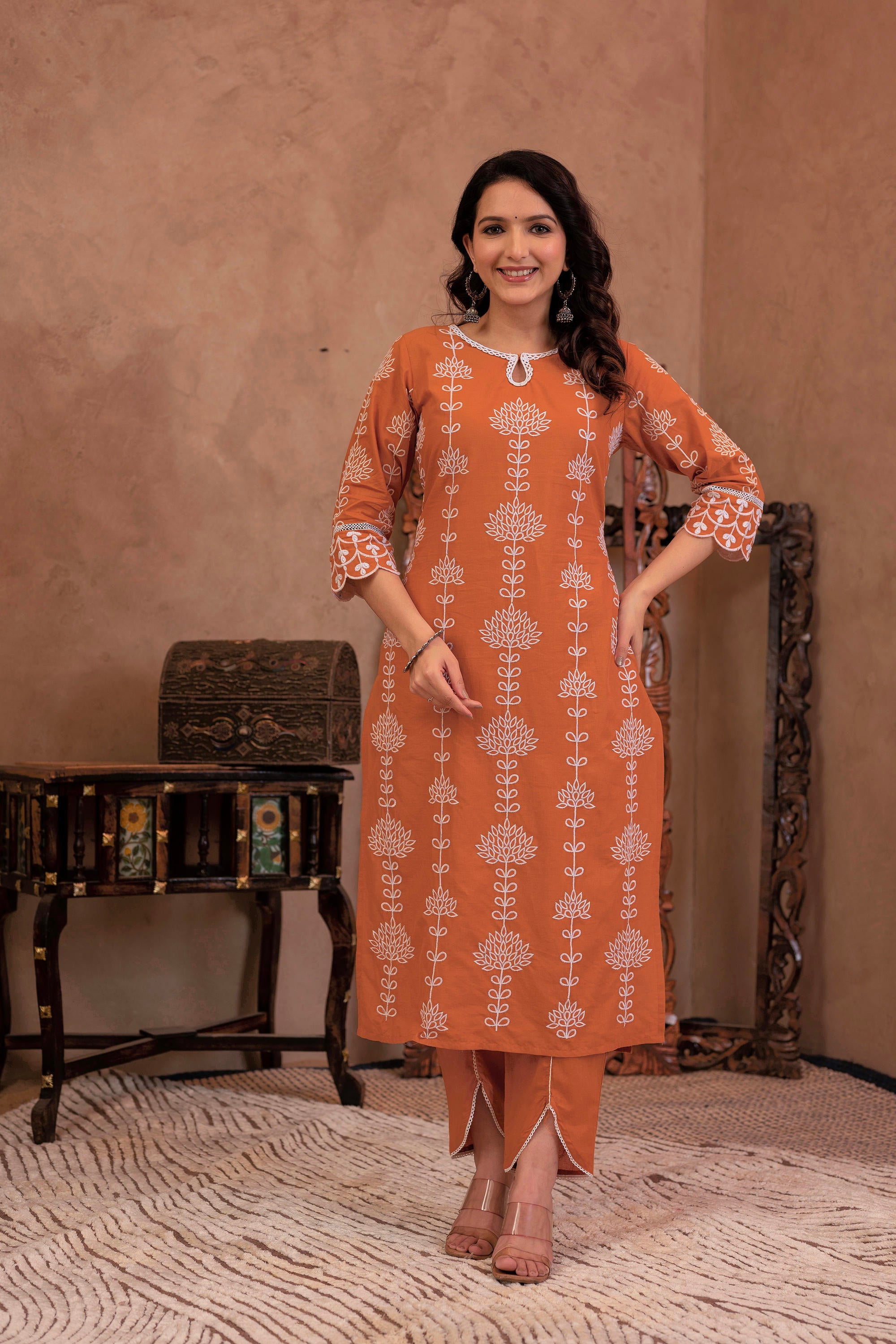 Rust Embroidered Cotton Kurta with Palazzo & Lace Details