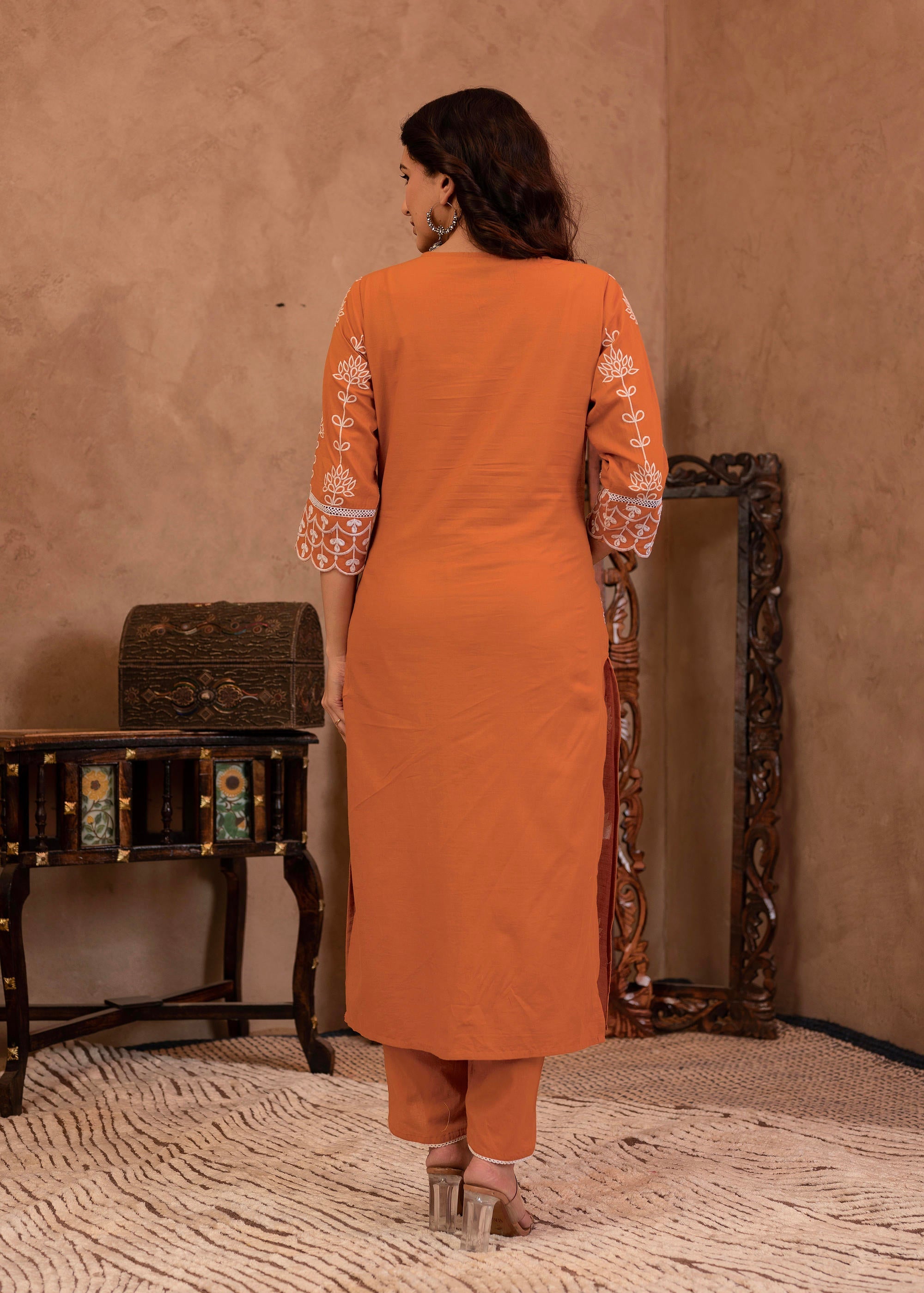Rust Embroidered Cotton Kurta with Palazzo & Lace Details