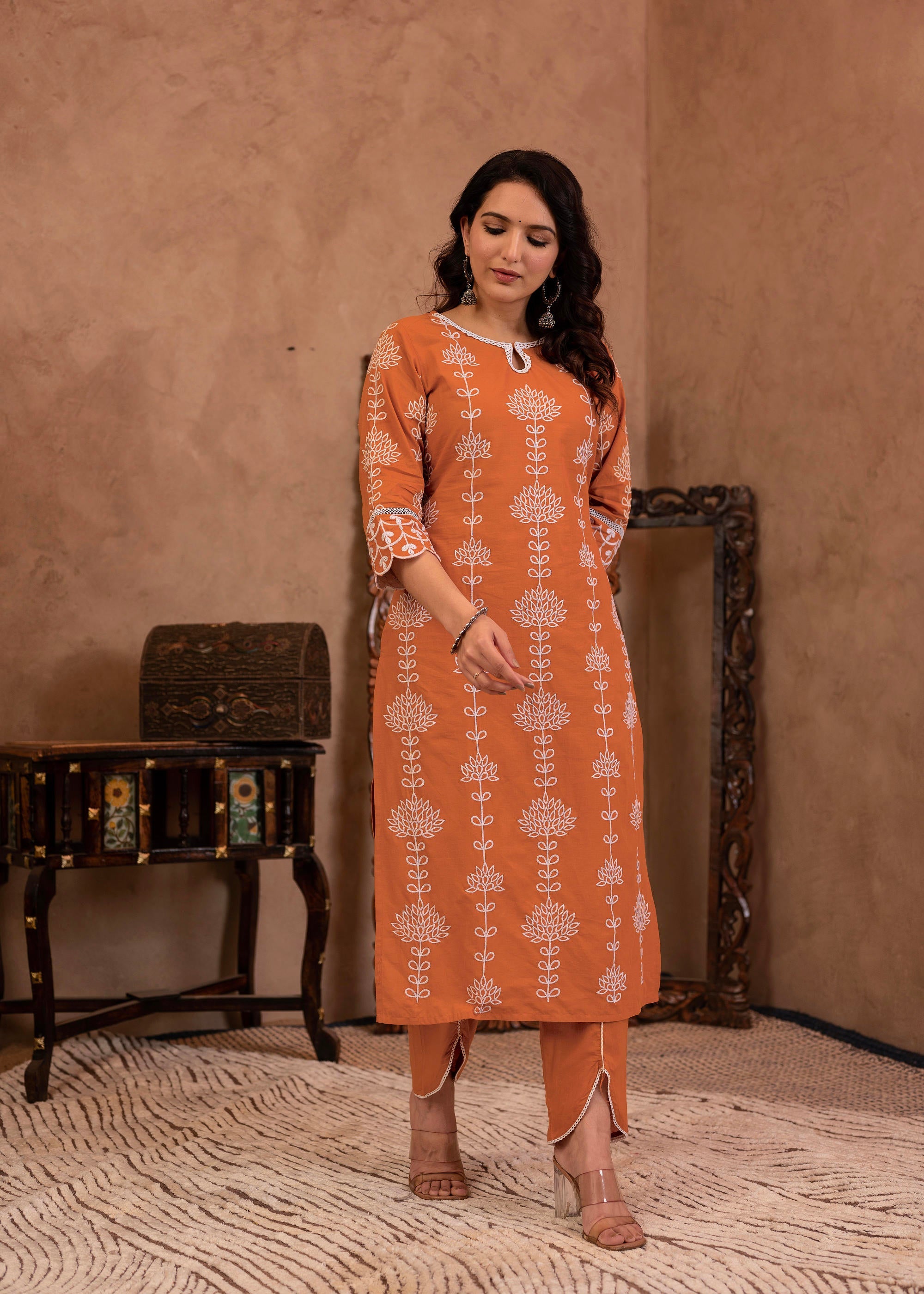 Rust Embroidered Cotton Kurta with Palazzo & Lace Details