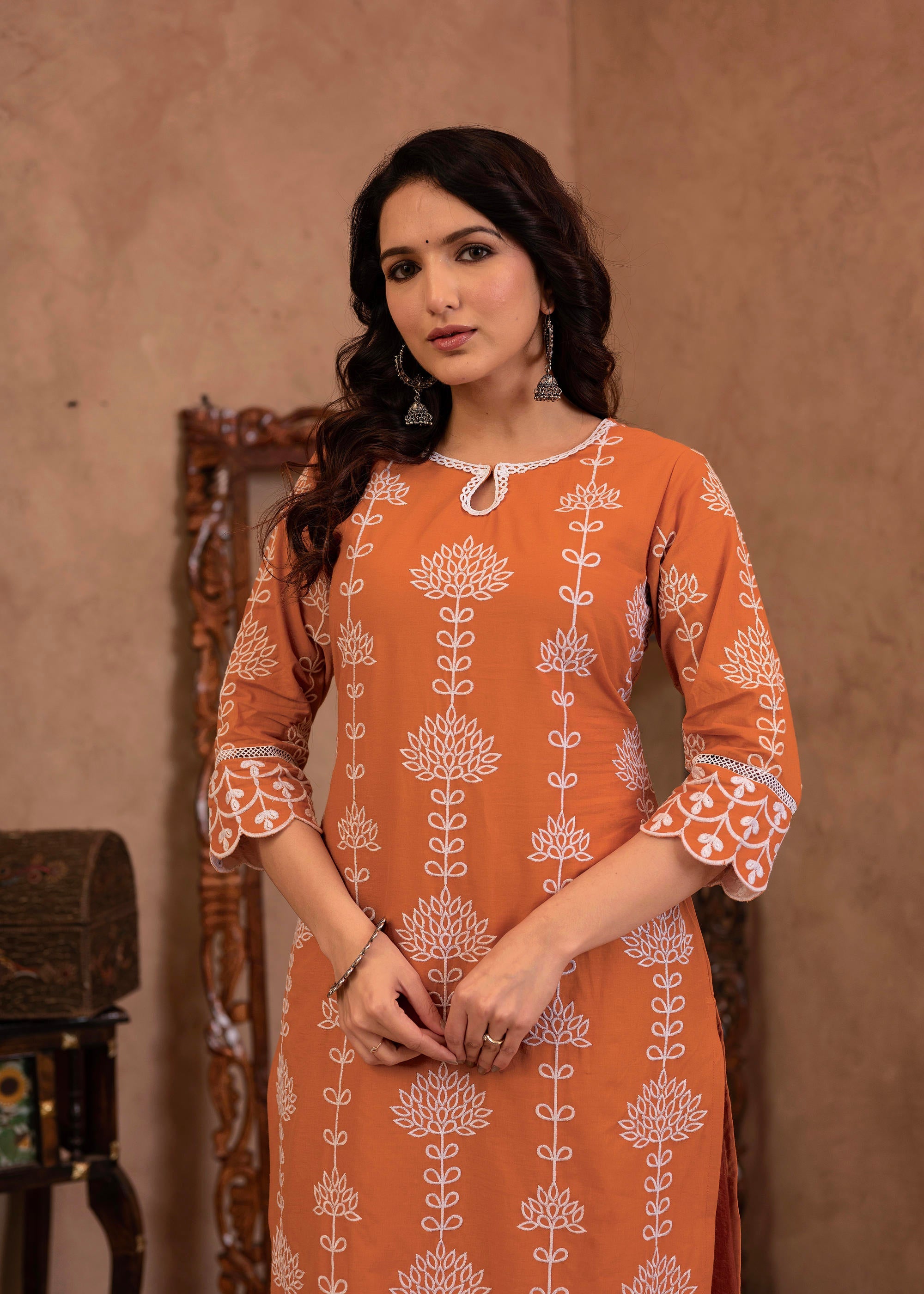 Rust Embroidered Cotton Kurta with Palazzo & Lace Details