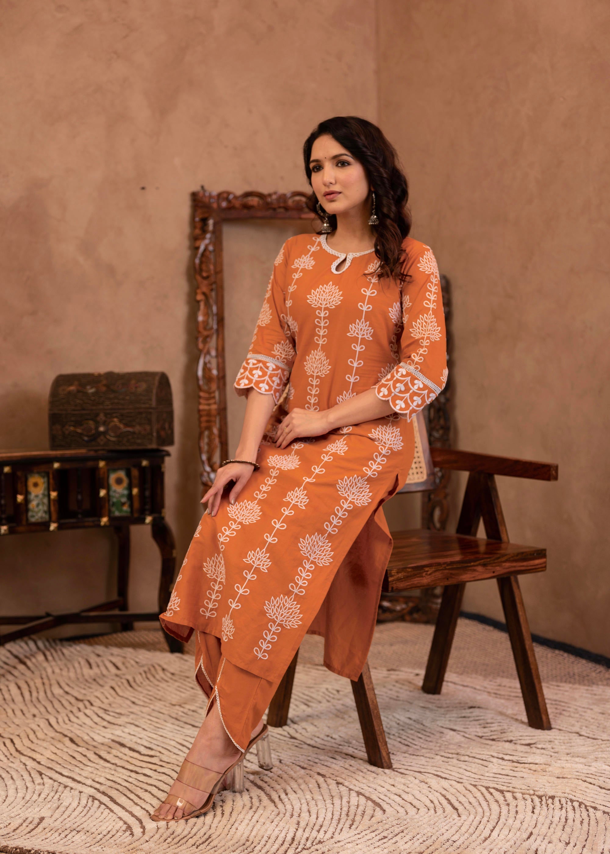 Rust Embroidered Cotton Kurta with Palazzo & Lace Details