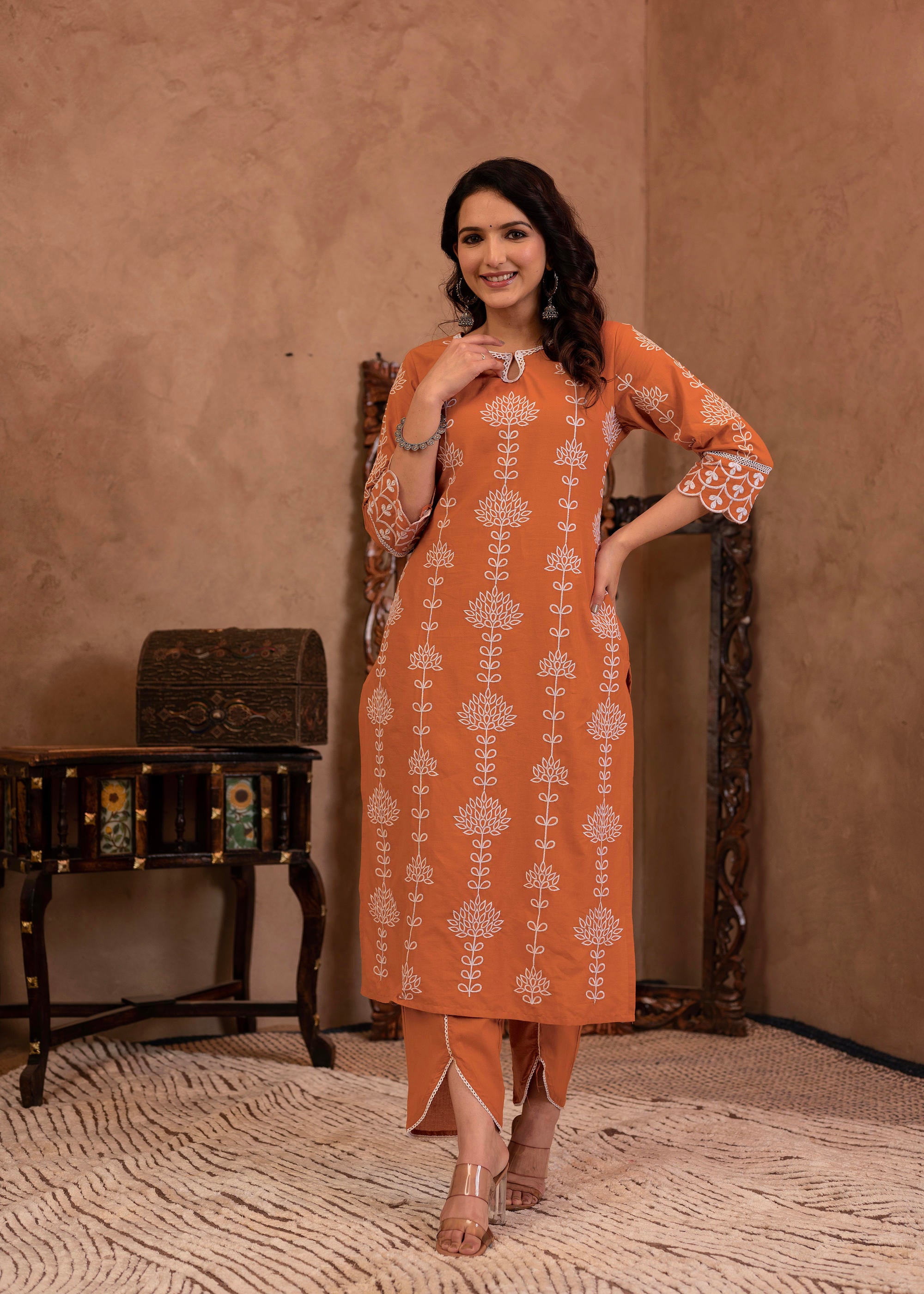 Rust Embroidered Cotton Kurta with Palazzo & Lace Details
