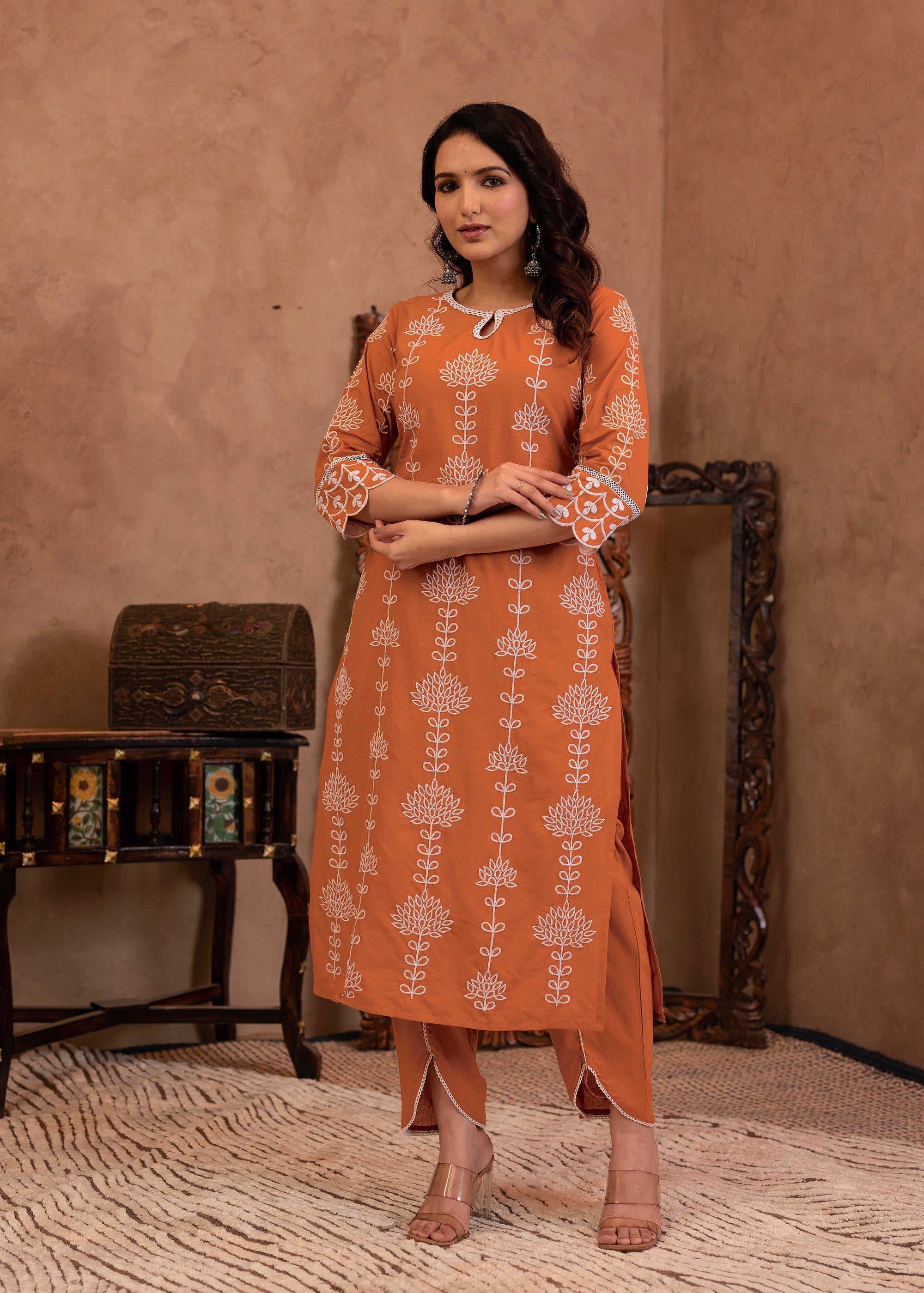 Rust Embroidered Cotton Kurta with Palazzo & Lace Details