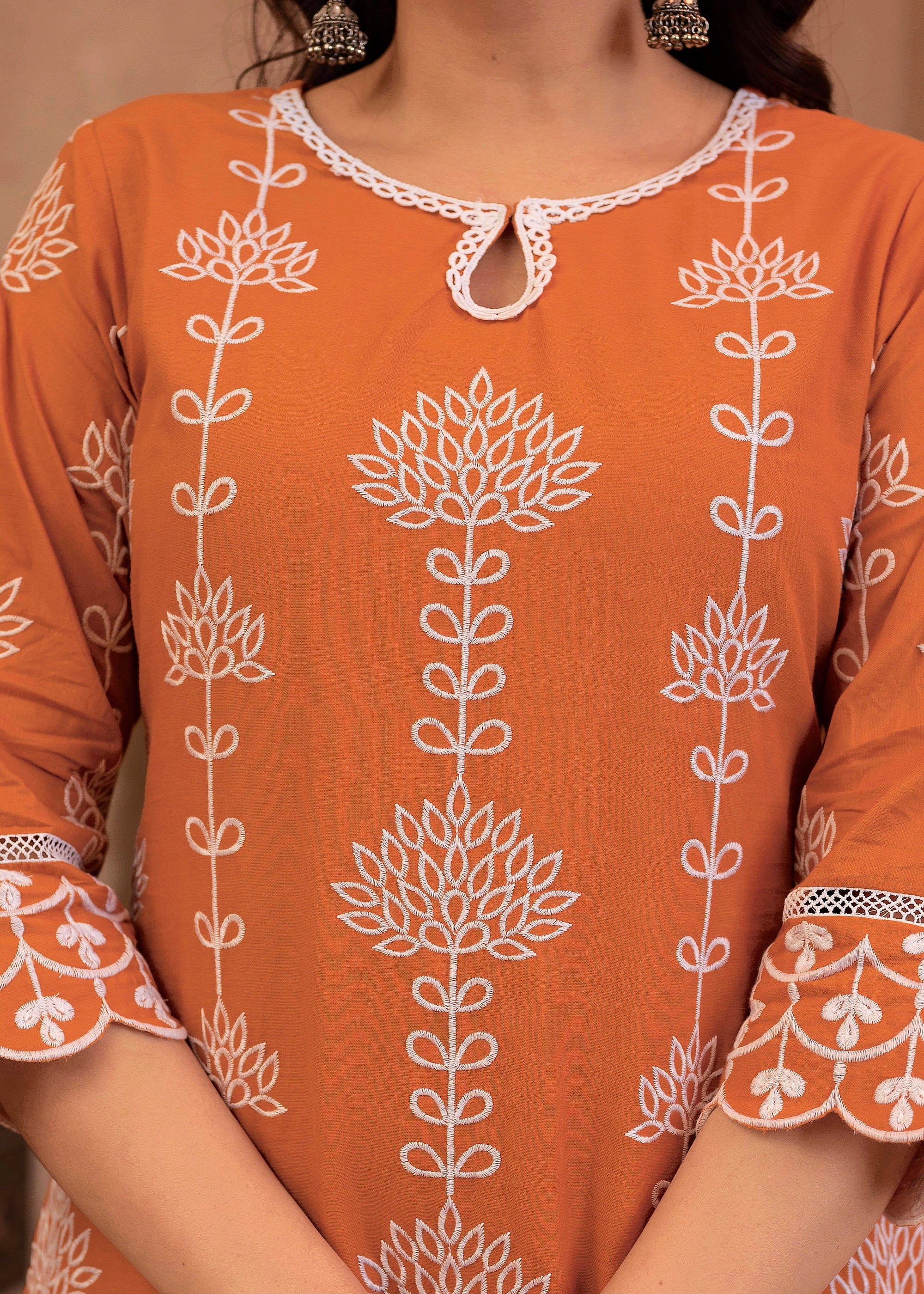 Rust Embroidered Cotton Kurta with Palazzo & Lace Details