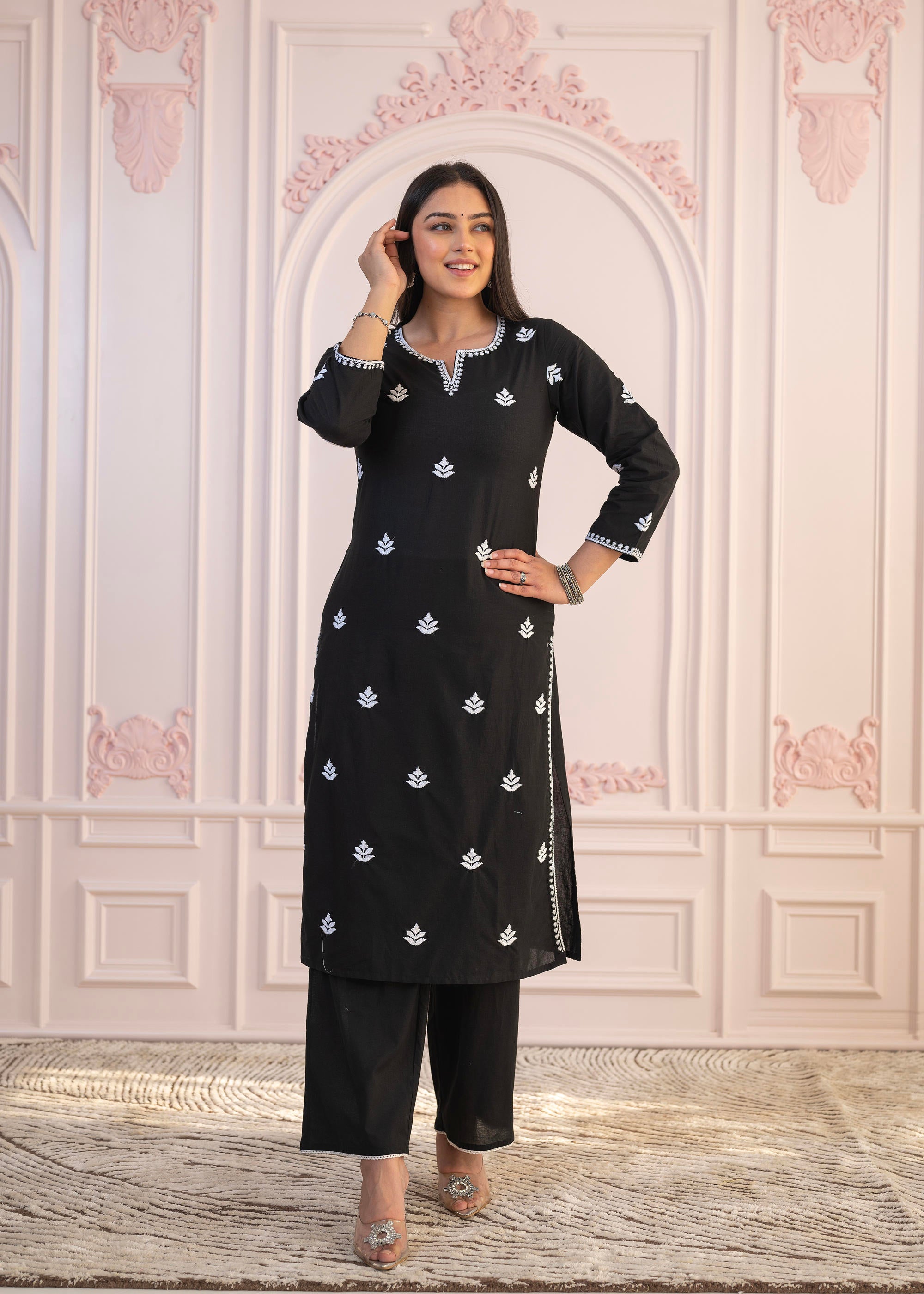 Black Floral Embroidered Cotton Slub Kurta with Palazzo