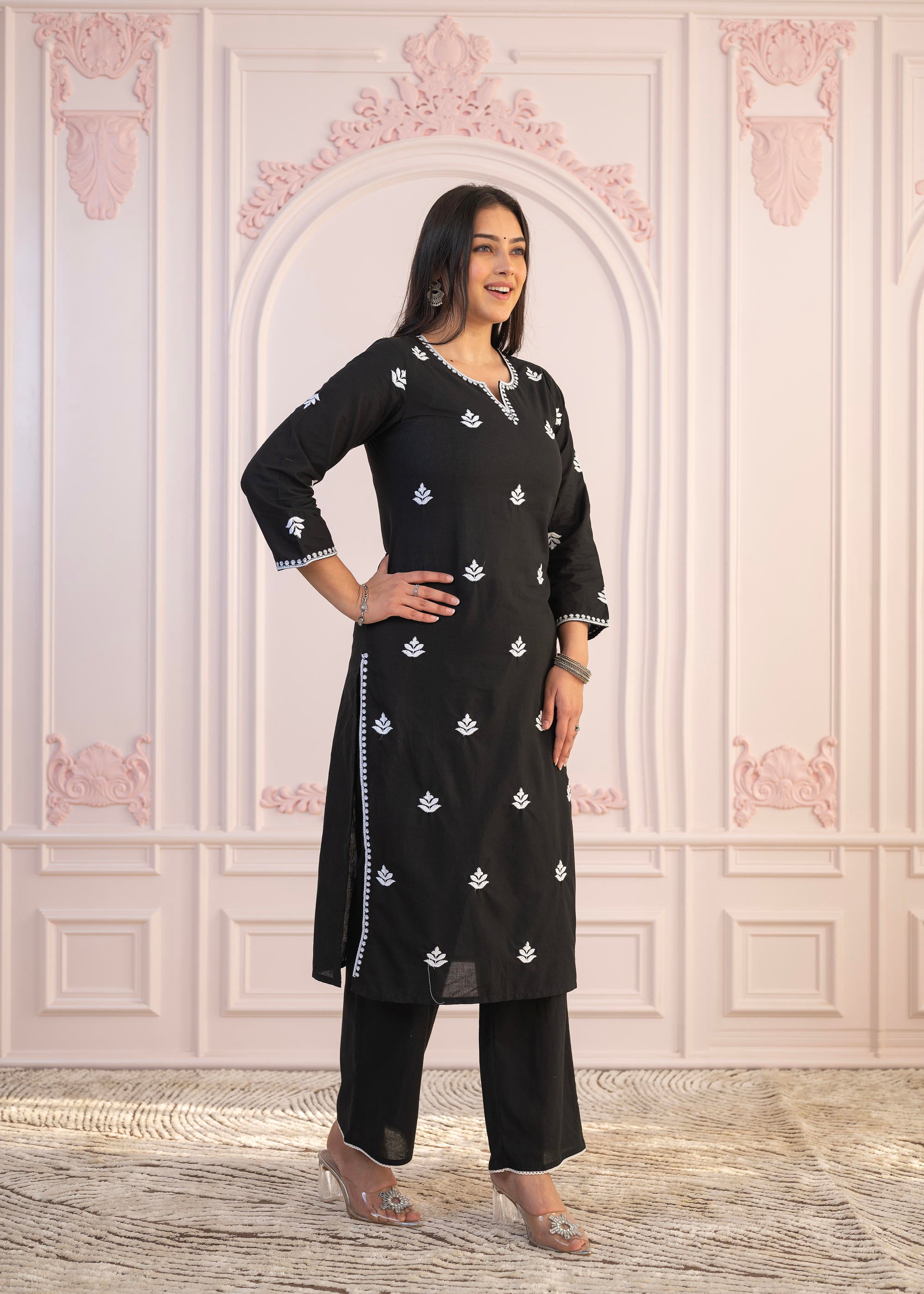 Black Floral Embroidered Cotton Slub Kurta with Palazzo