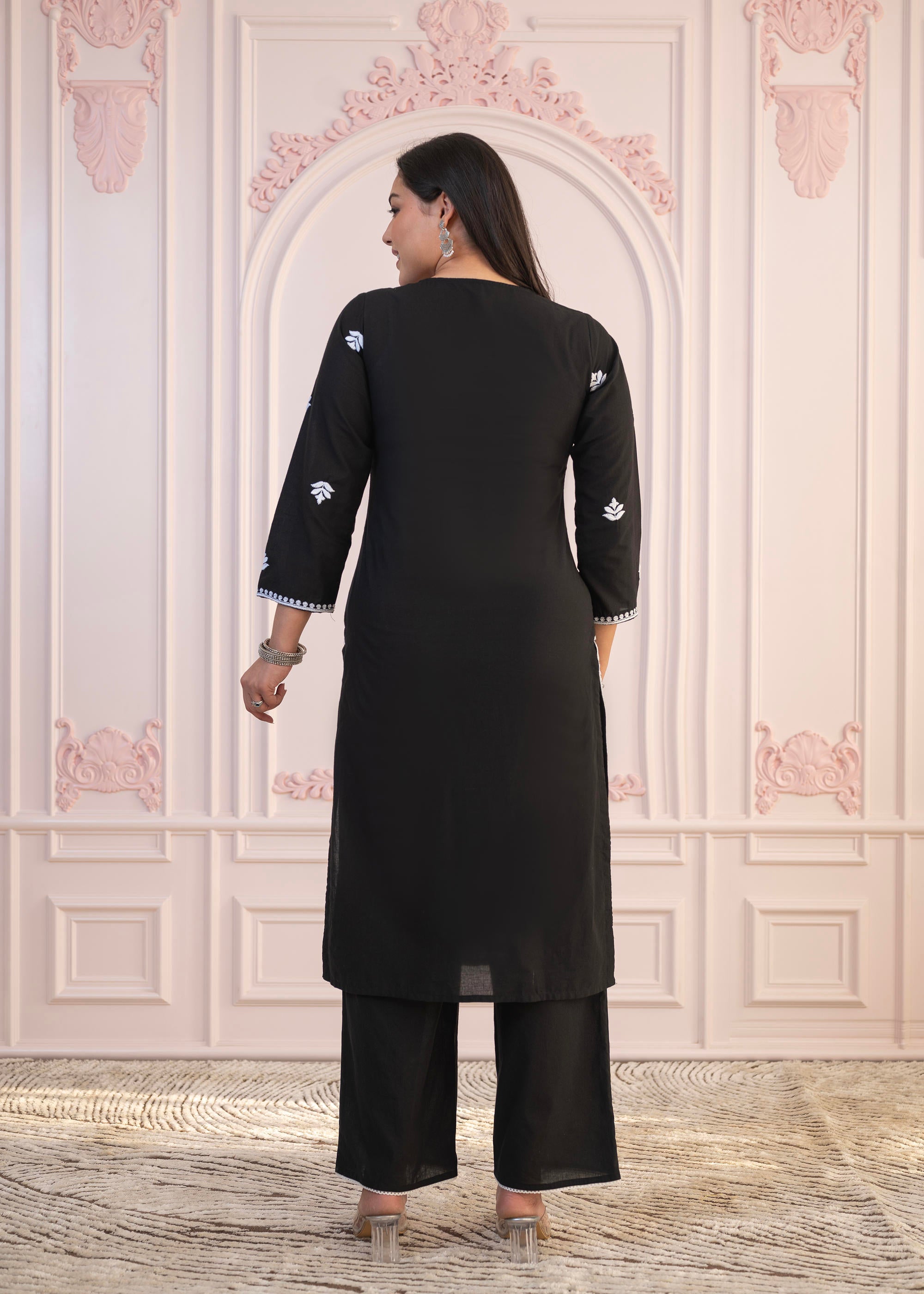 Black Floral Embroidered Cotton Slub Kurta with Palazzo