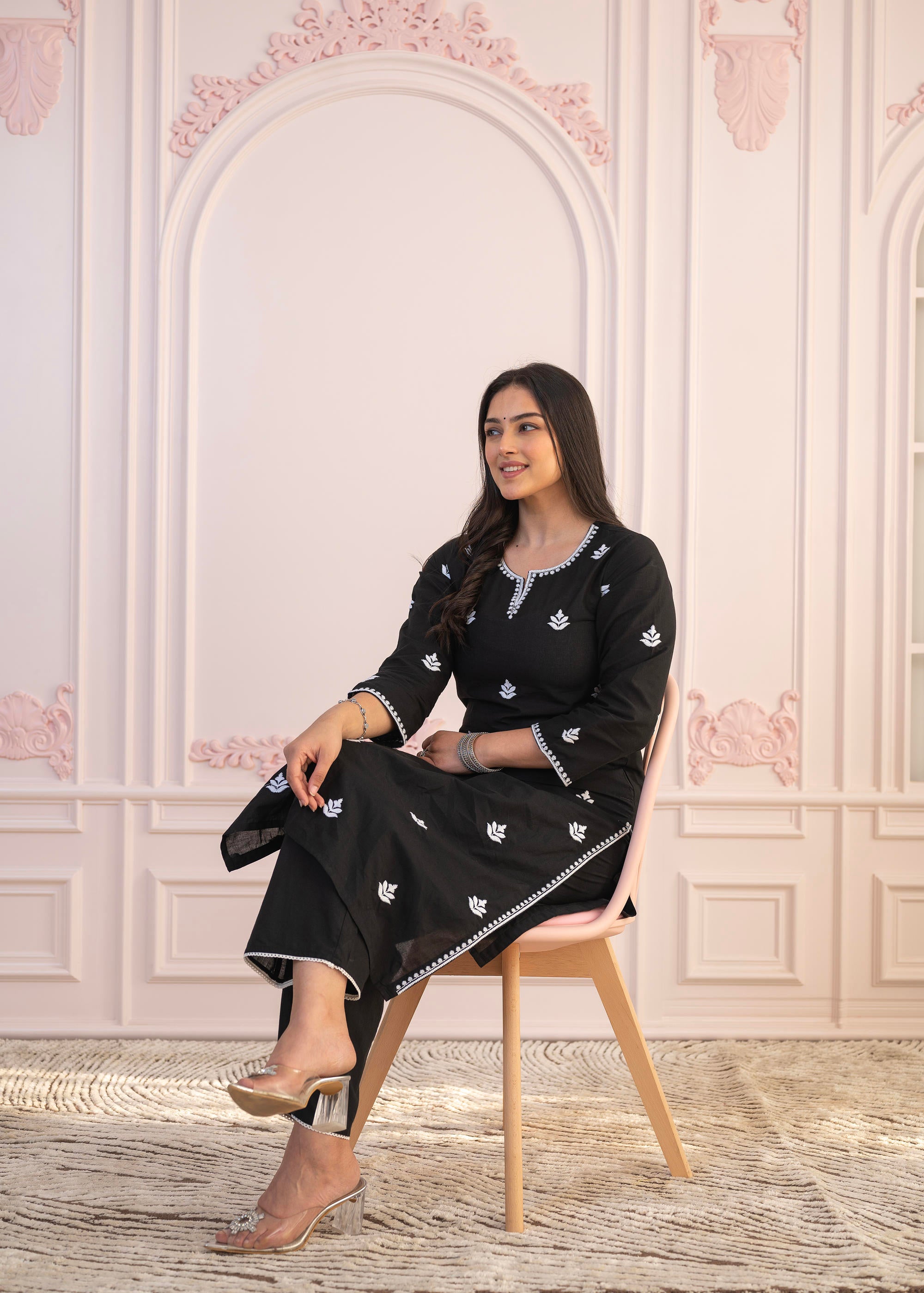 Black Floral Embroidered Cotton Slub Kurta with Palazzo