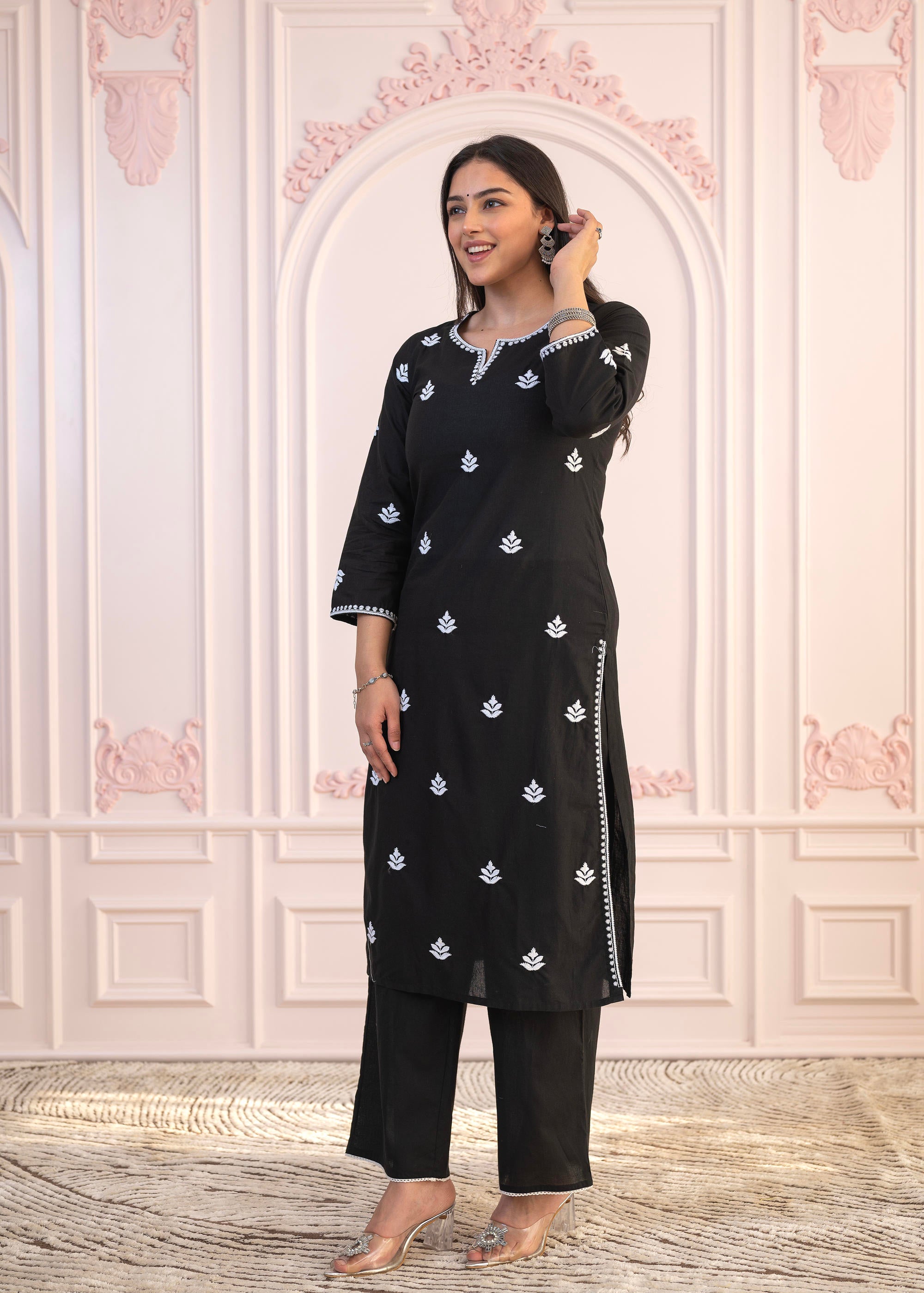 Black Floral Embroidered Cotton Slub Kurta with Palazzo