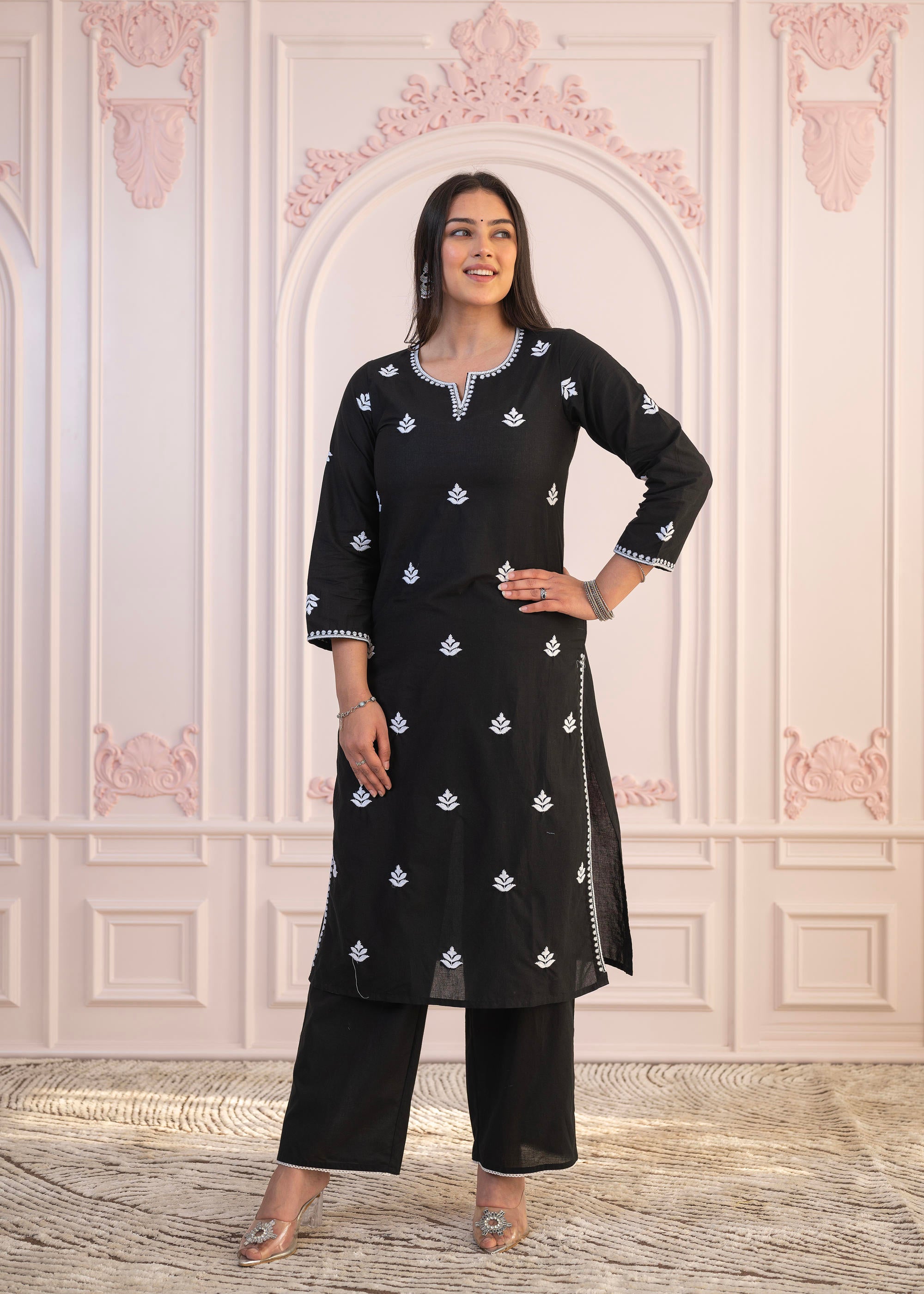 Black Floral Embroidered Cotton Slub Kurta with Palazzo