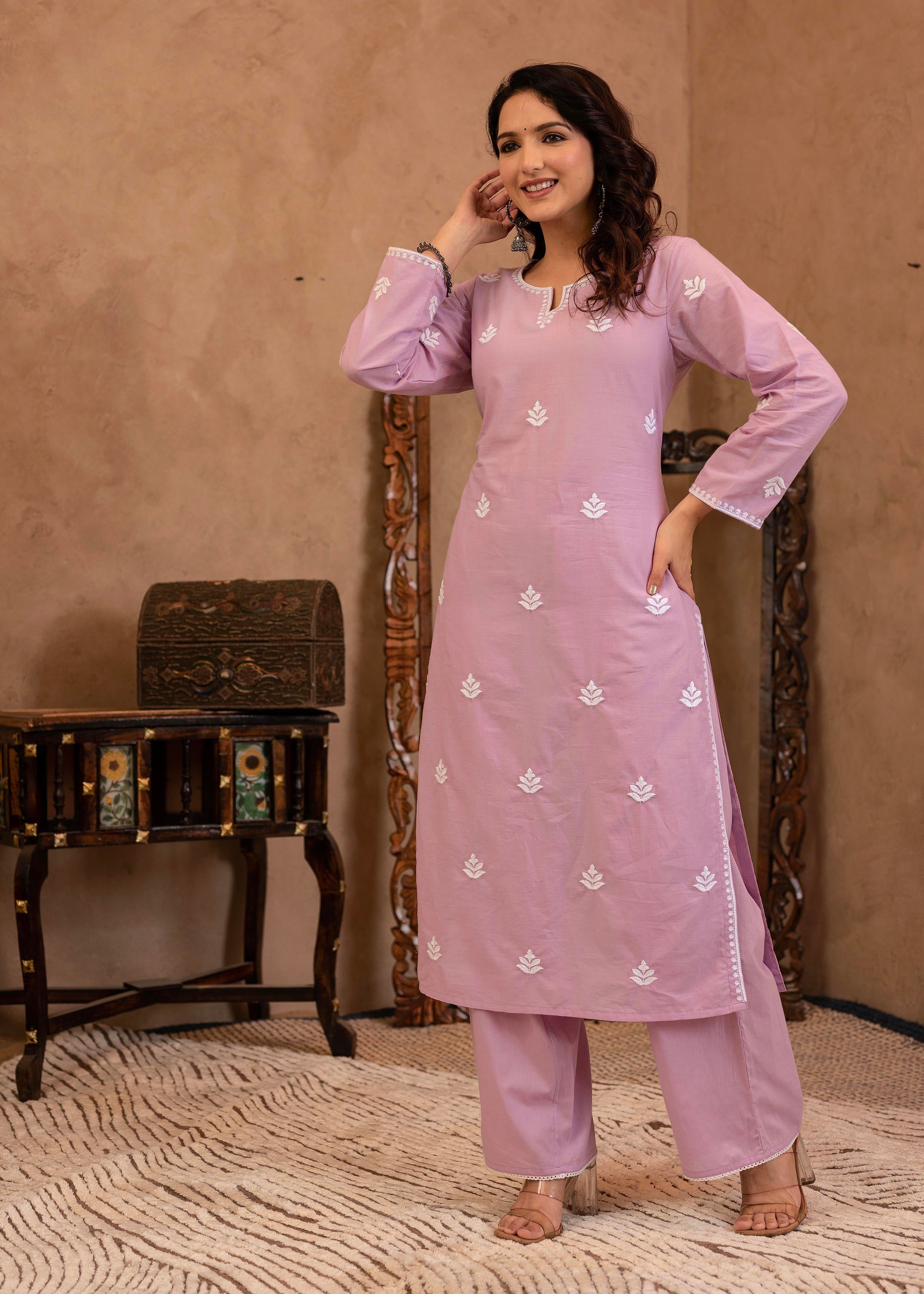 Lavender Embroidered Cotton Kurta with Palazzo