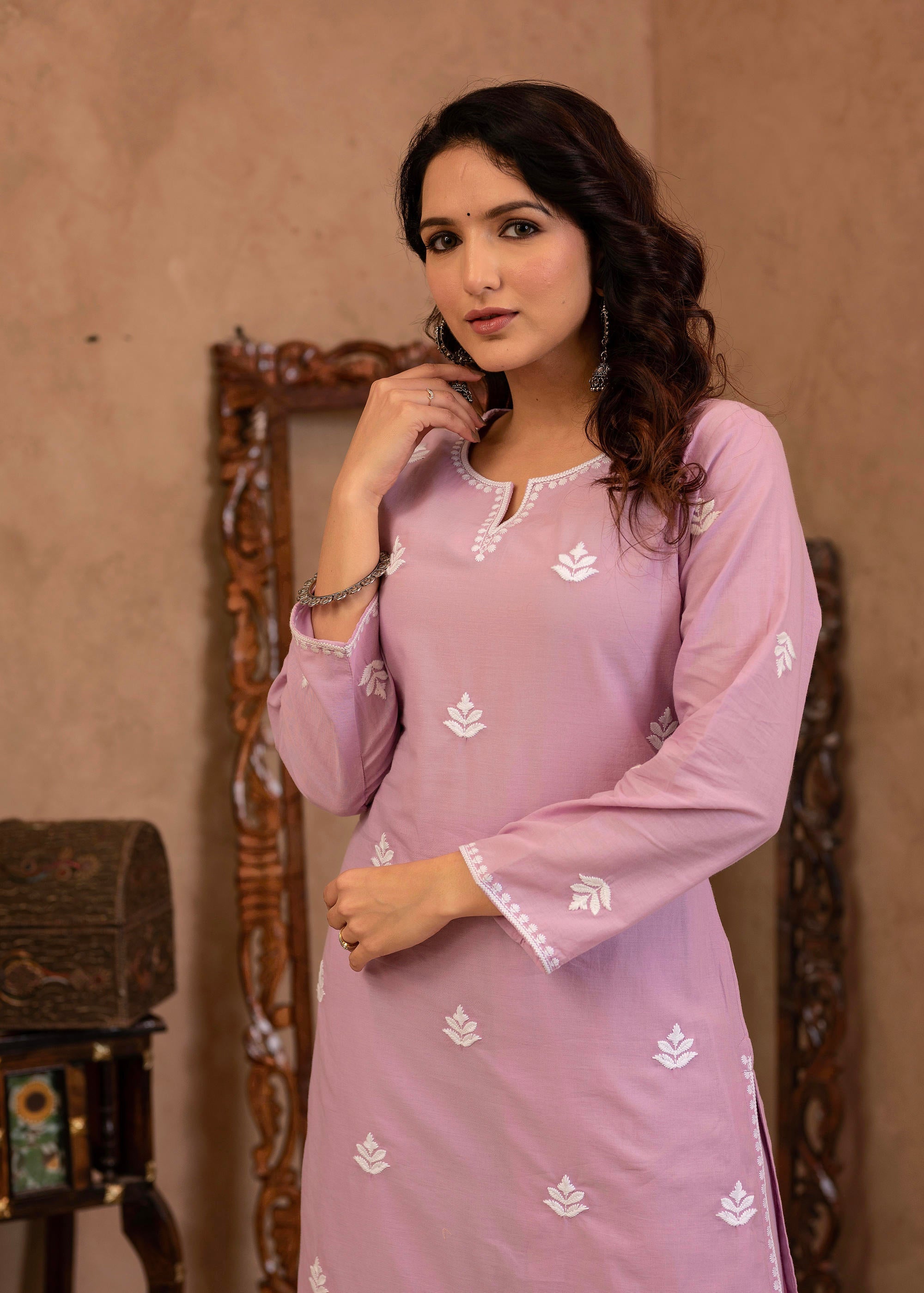 Lavender Embroidered Cotton Kurta with Palazzo