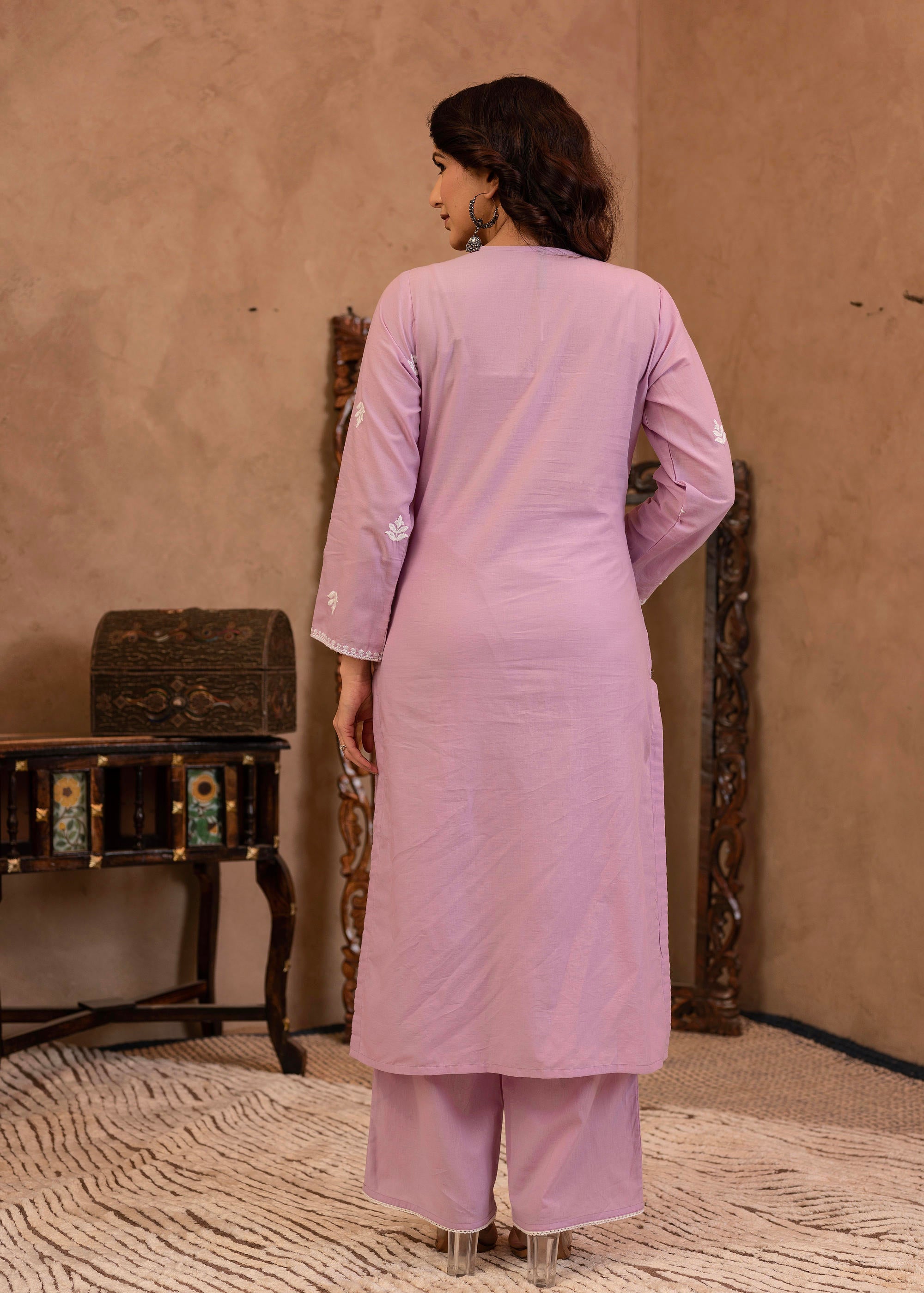 Lavender Embroidered Cotton Kurta with Palazzo