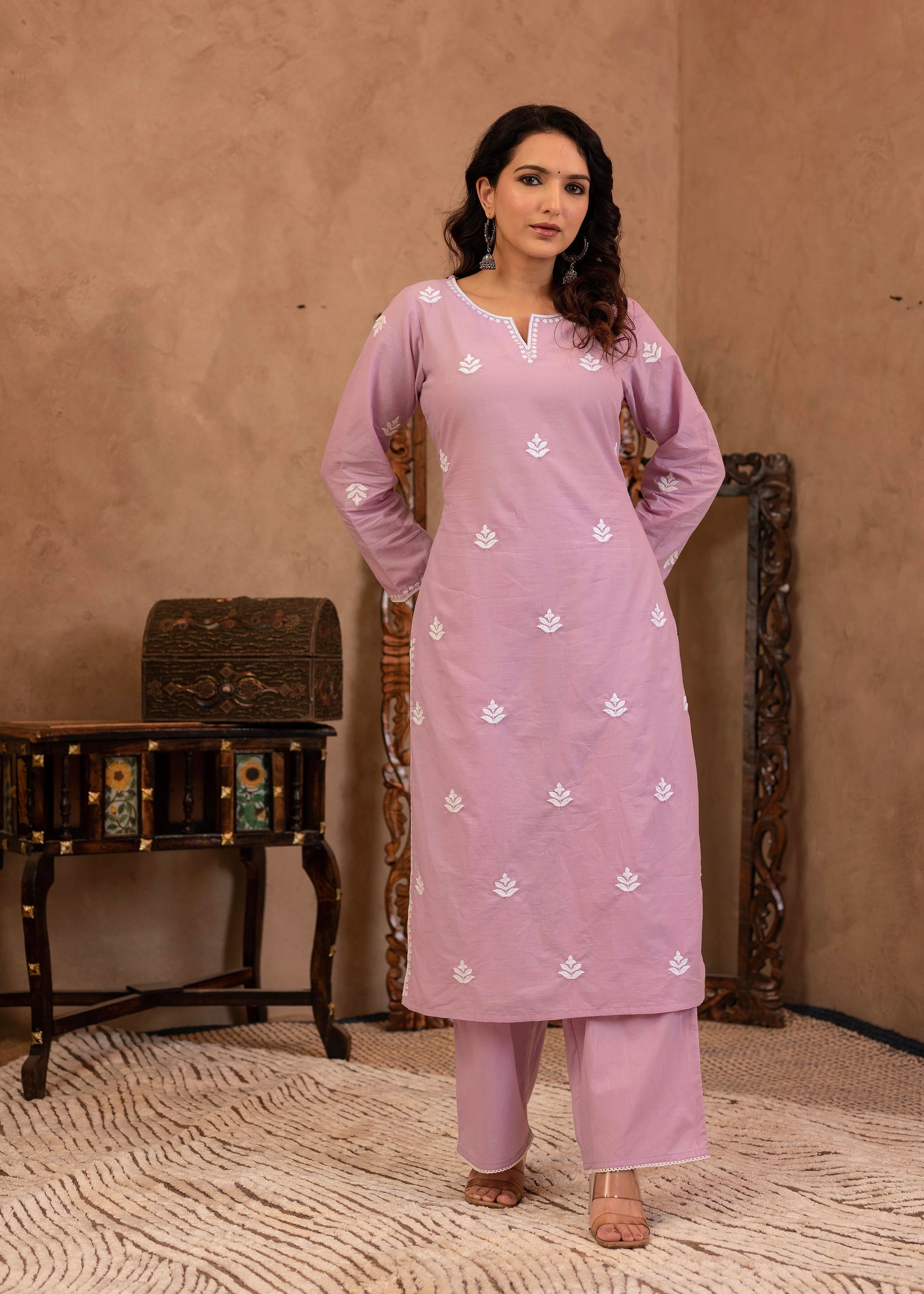 Lavender Embroidered Cotton Kurta with Palazzo