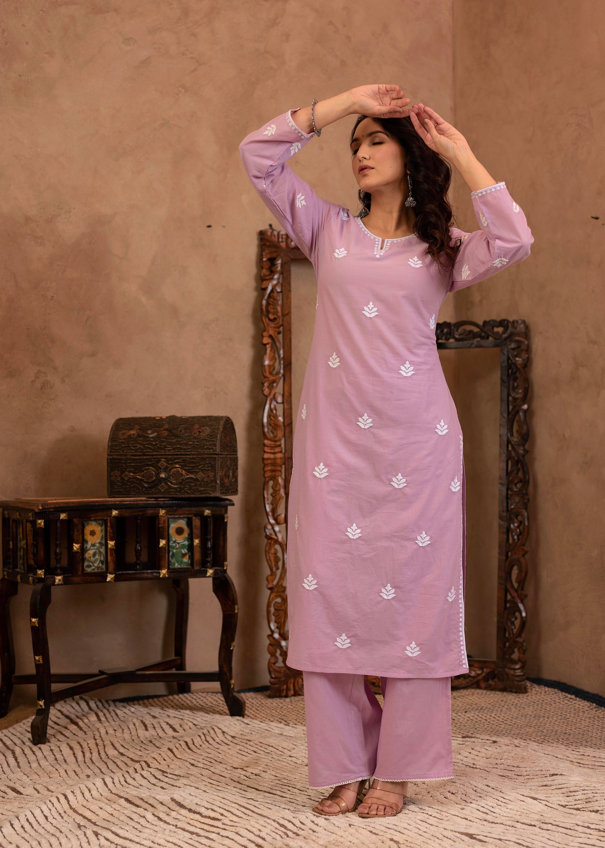 Lavender Embroidered Cotton Kurta with Palazzo