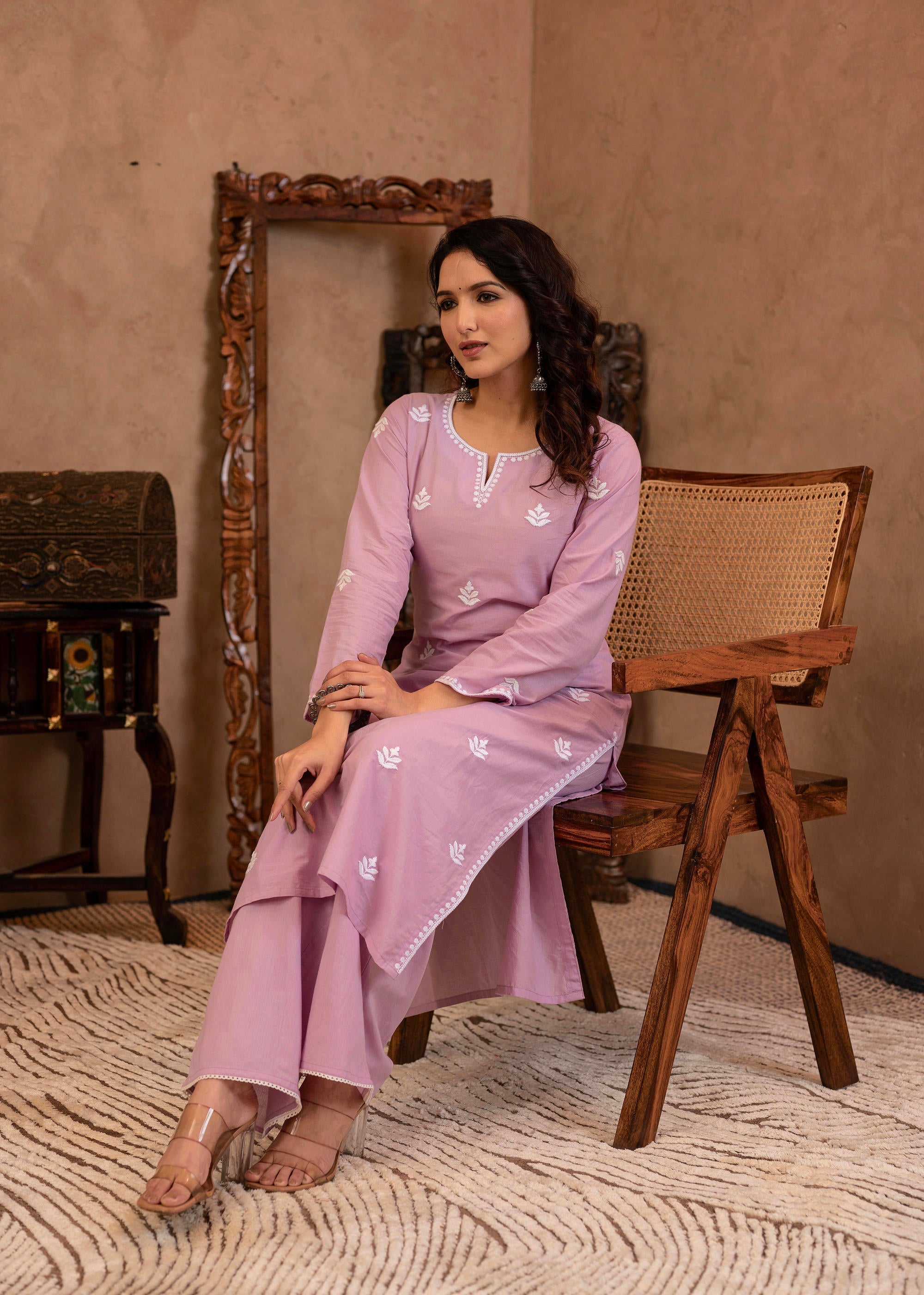 Lavender Embroidered Cotton Kurta with Palazzo