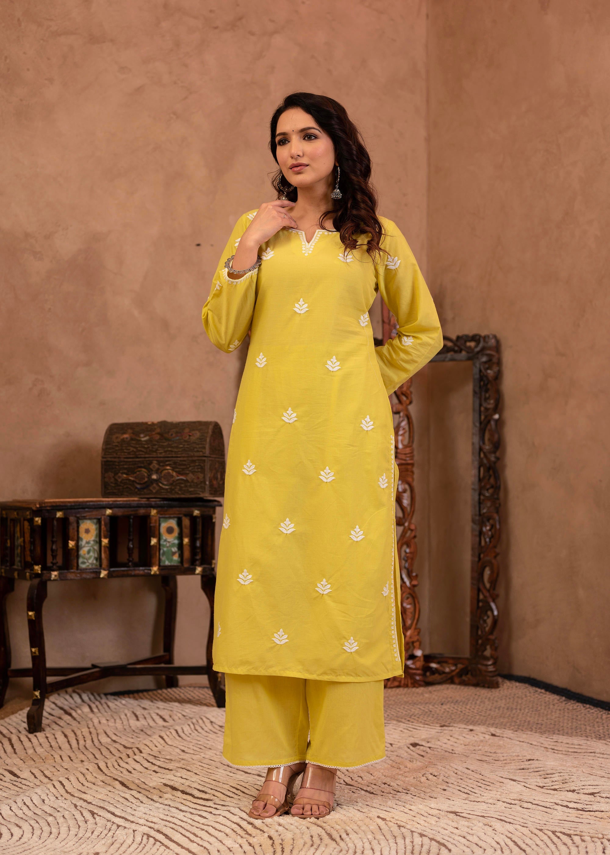 Lime Yellow Floral Embroidered Cotton Kurta with Palazzo & Lace Work