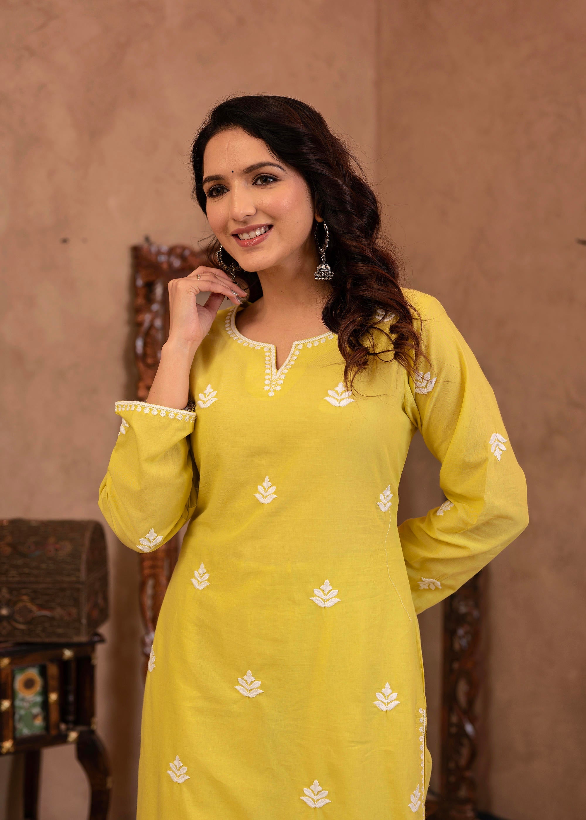 Lime Yellow Floral Embroidered Cotton Kurta with Palazzo & Lace Work