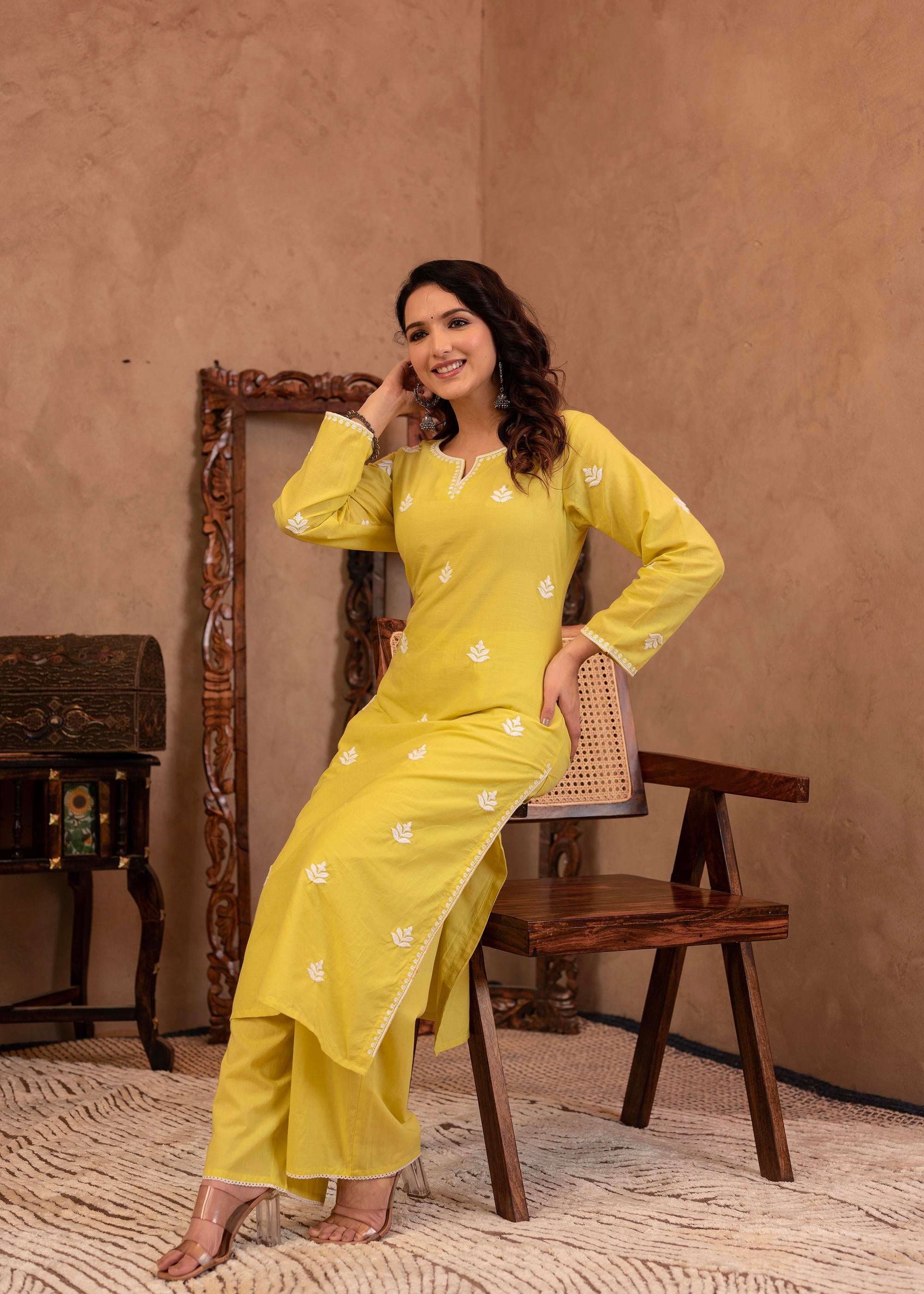 Lime Yellow Floral Embroidered Cotton Kurta with Palazzo & Lace Work