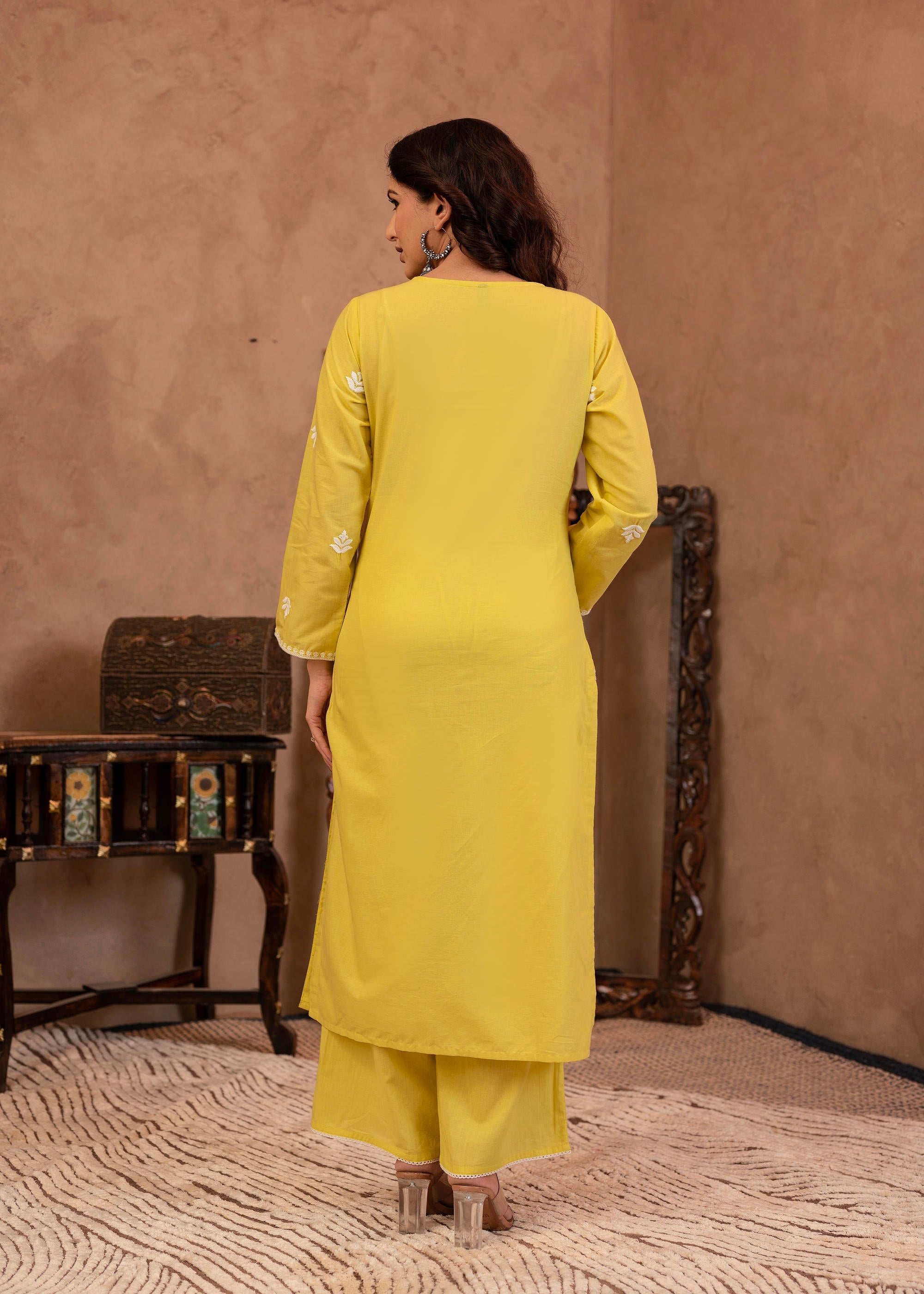 Lime Yellow Floral Embroidered Cotton Kurta with Palazzo & Lace Work