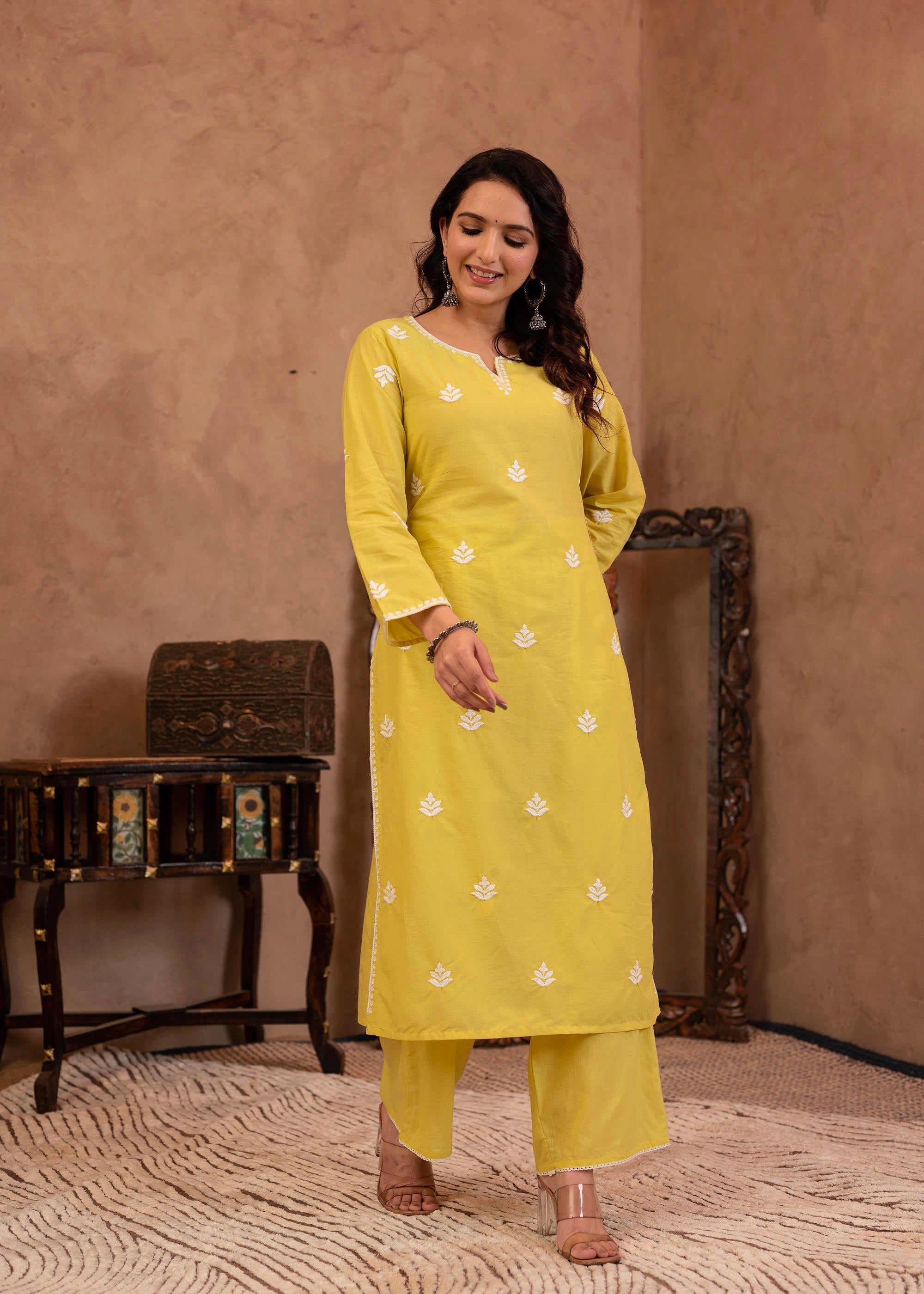 Lime Yellow Floral Embroidered Cotton Kurta with Palazzo & Lace Work