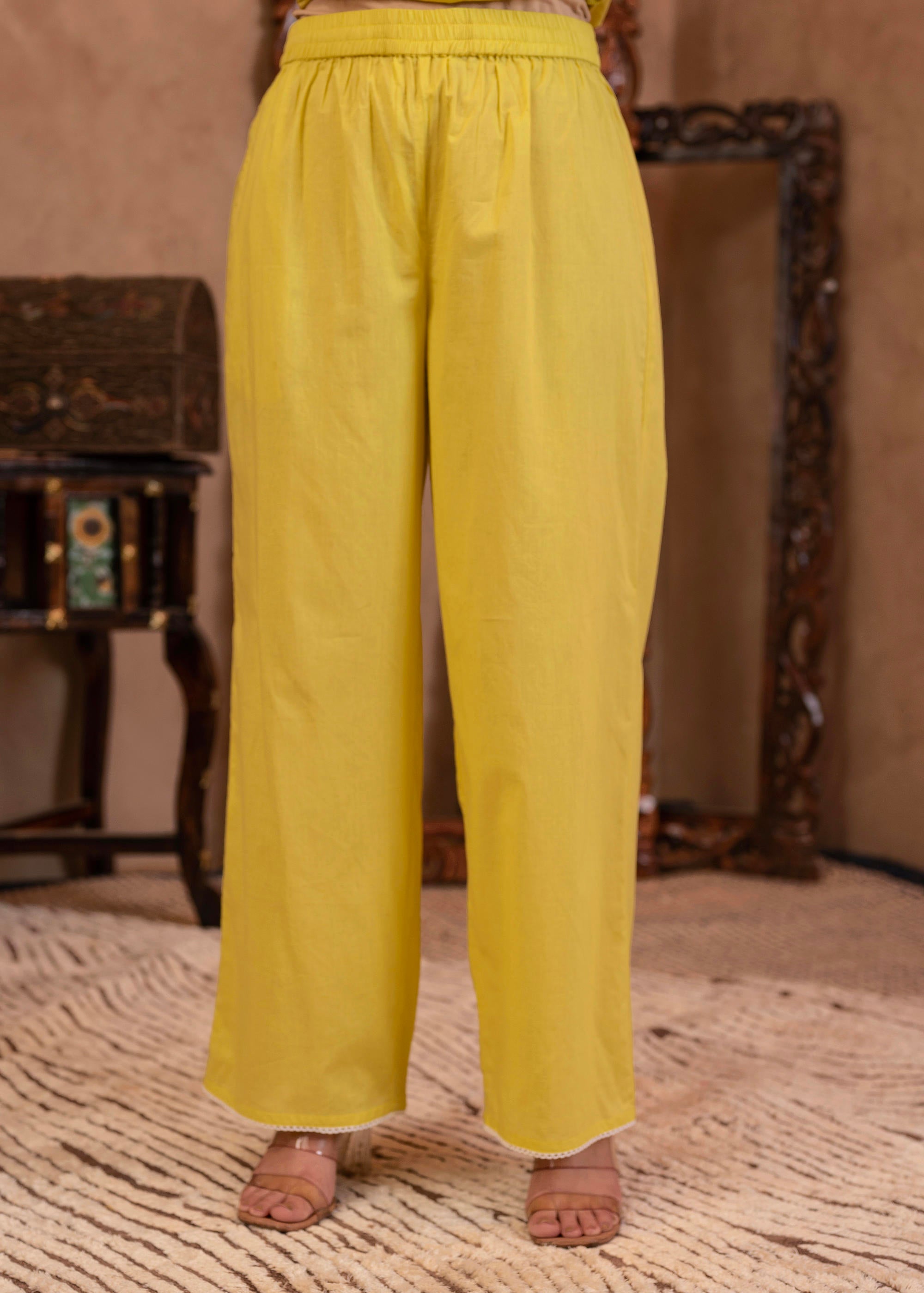 Lime Yellow Floral Embroidered Cotton Kurta with Palazzo & Lace Work