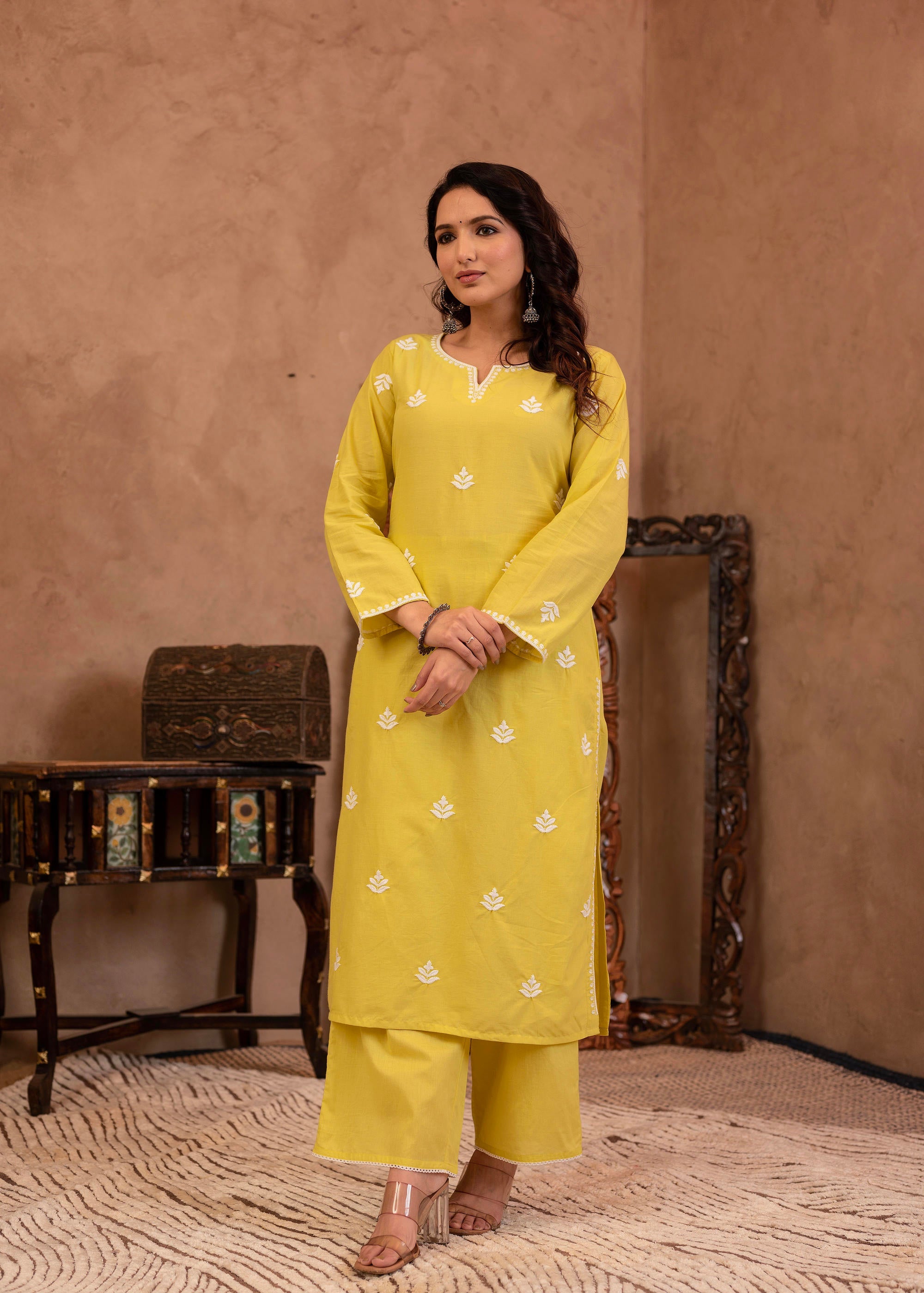 Lime Yellow Floral Embroidered Cotton Kurta with Palazzo & Lace Work