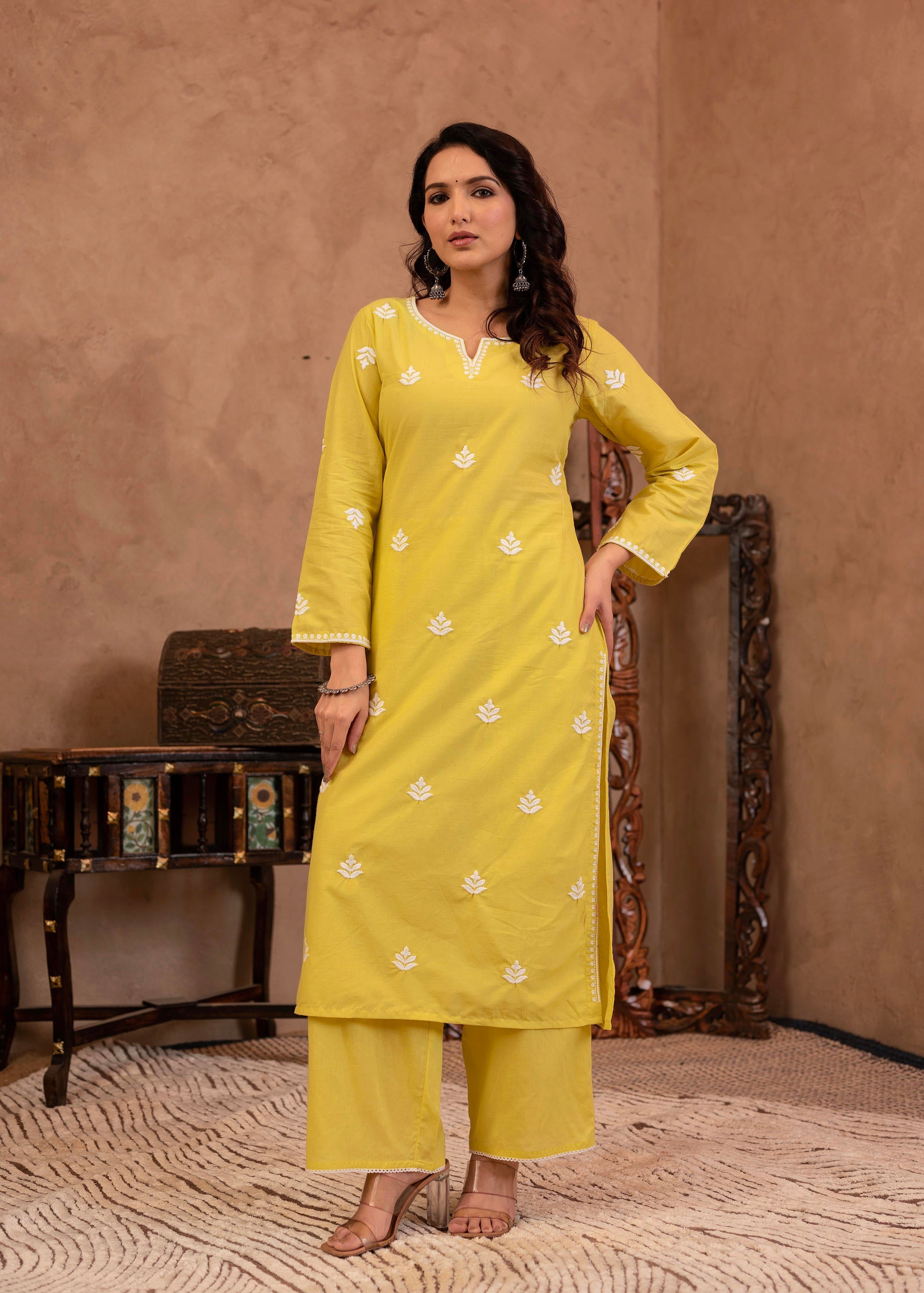Lime Yellow Floral Embroidered Cotton Kurta with Palazzo & Lace Work