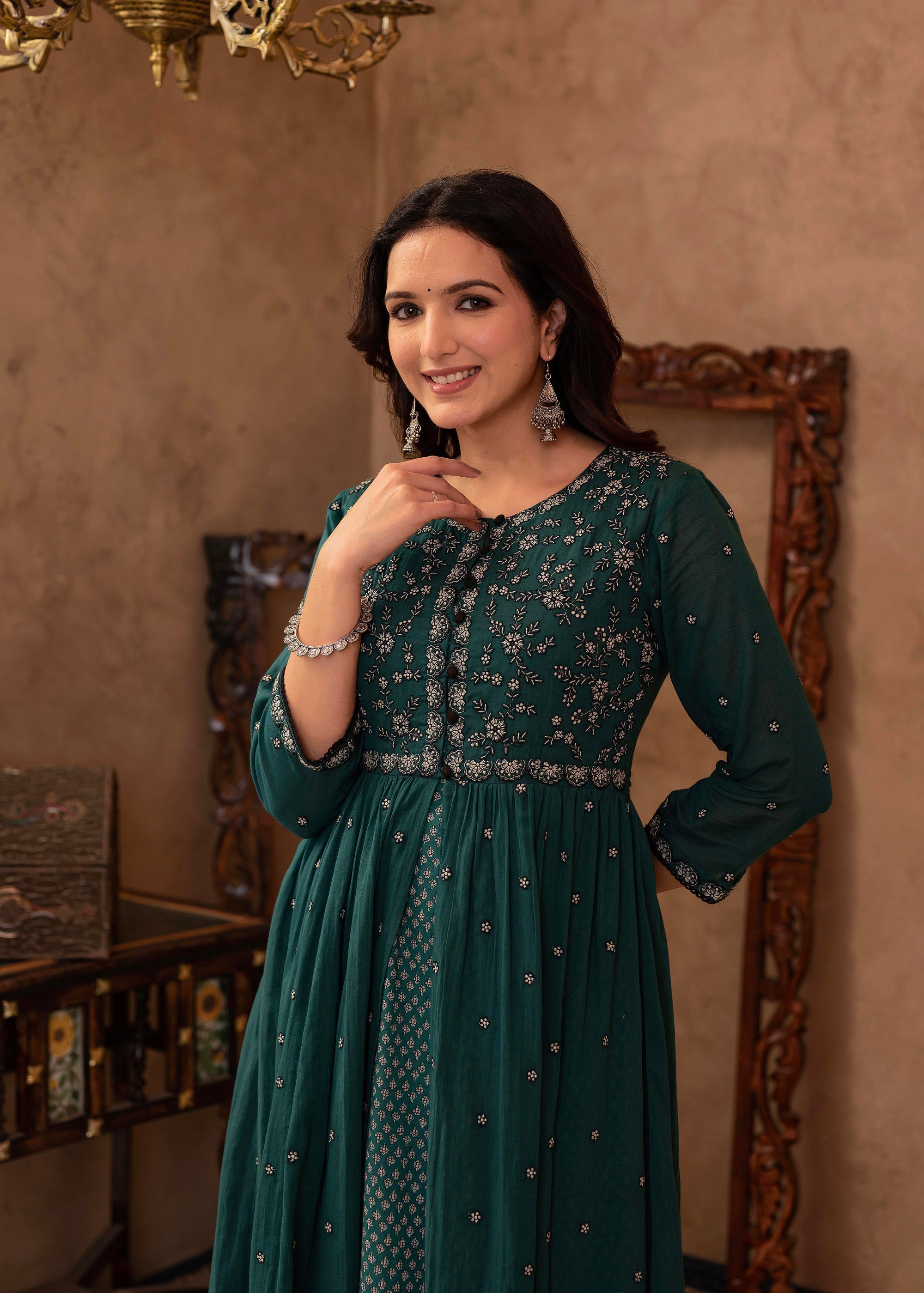Green Floral Embroidered Cotton Dress with Button Details