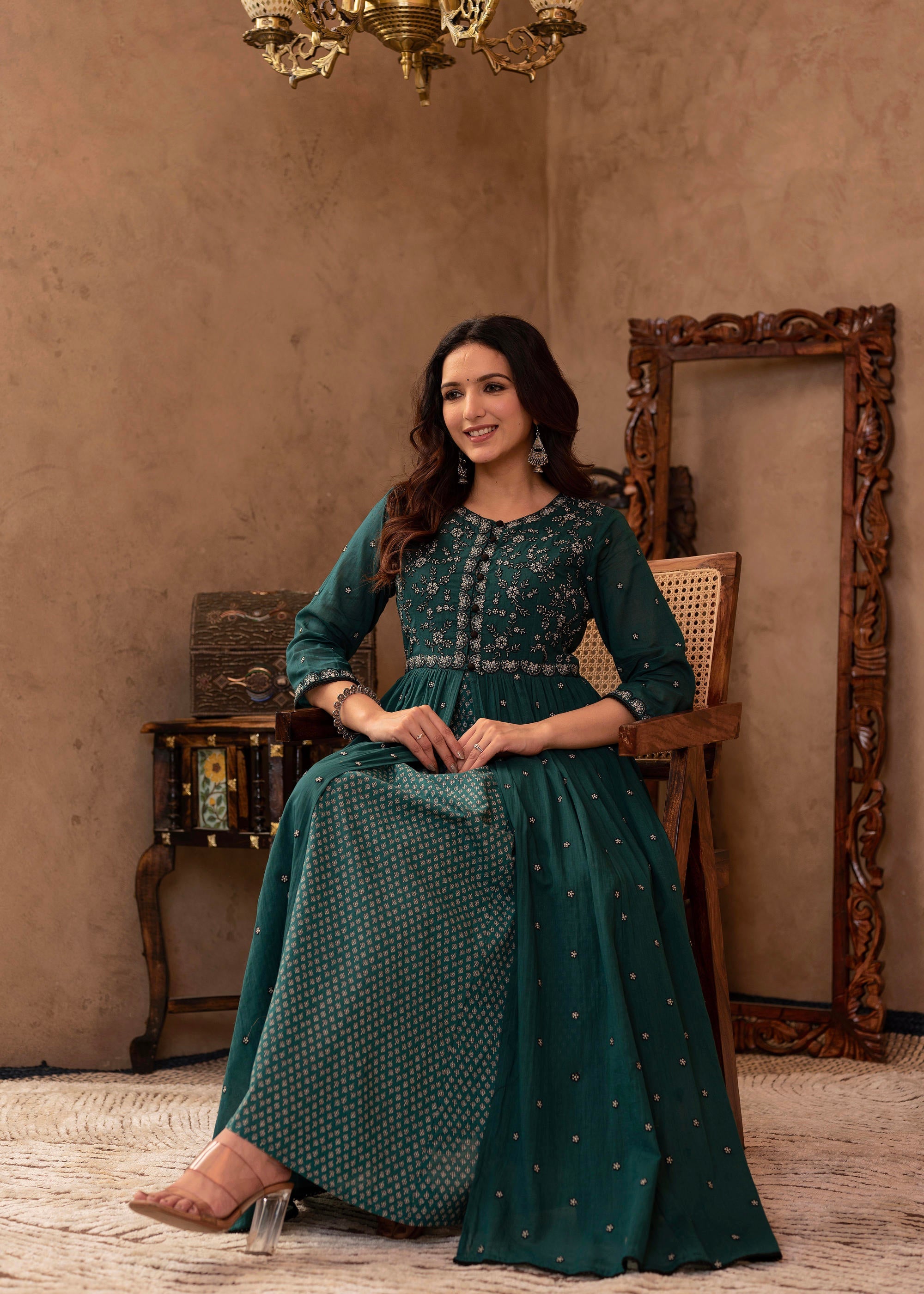Green Floral Embroidered Cotton Dress with Button Details