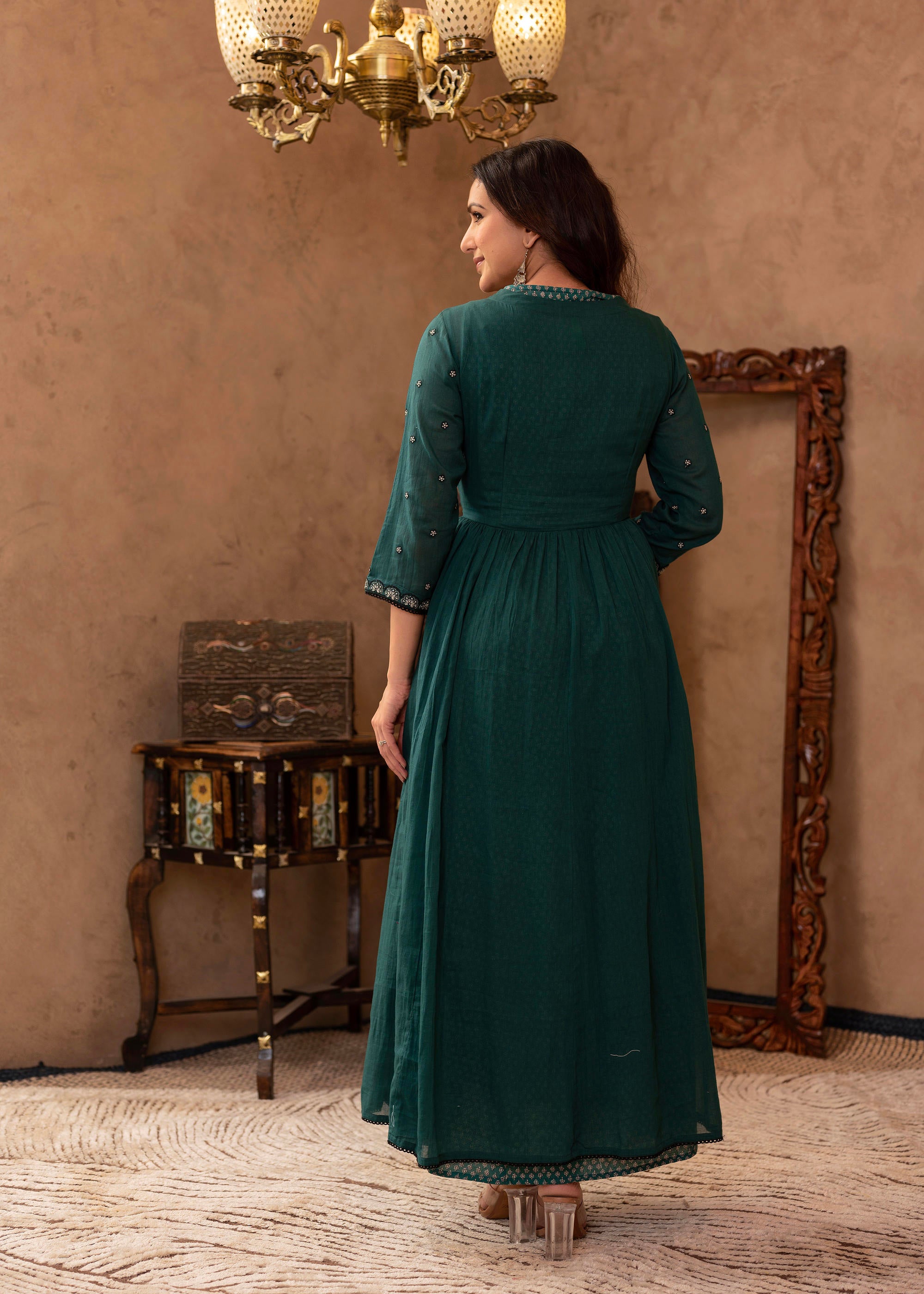 Green Floral Embroidered Cotton Dress with Button Details