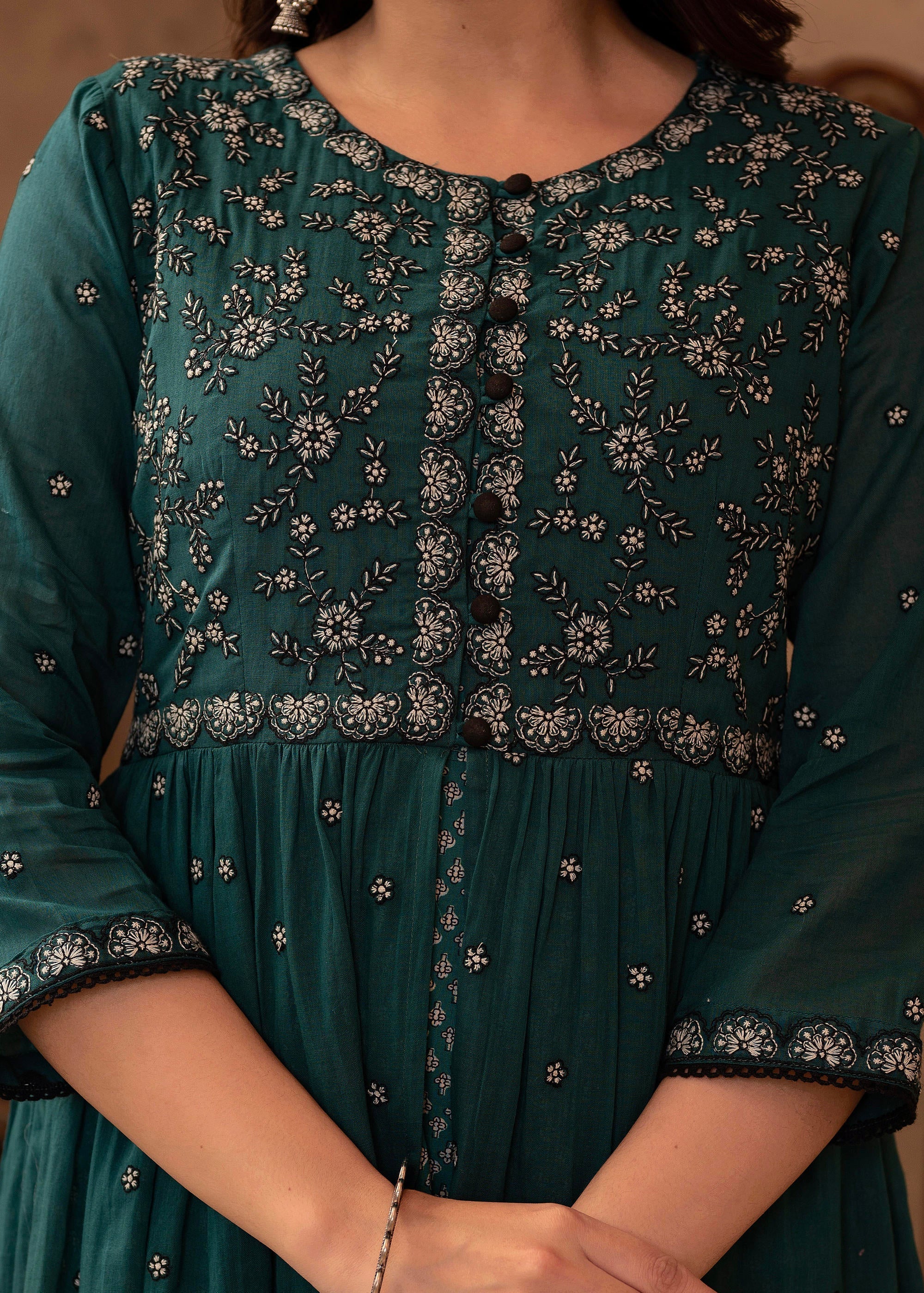 Green Floral Embroidered Cotton Dress with Button Details