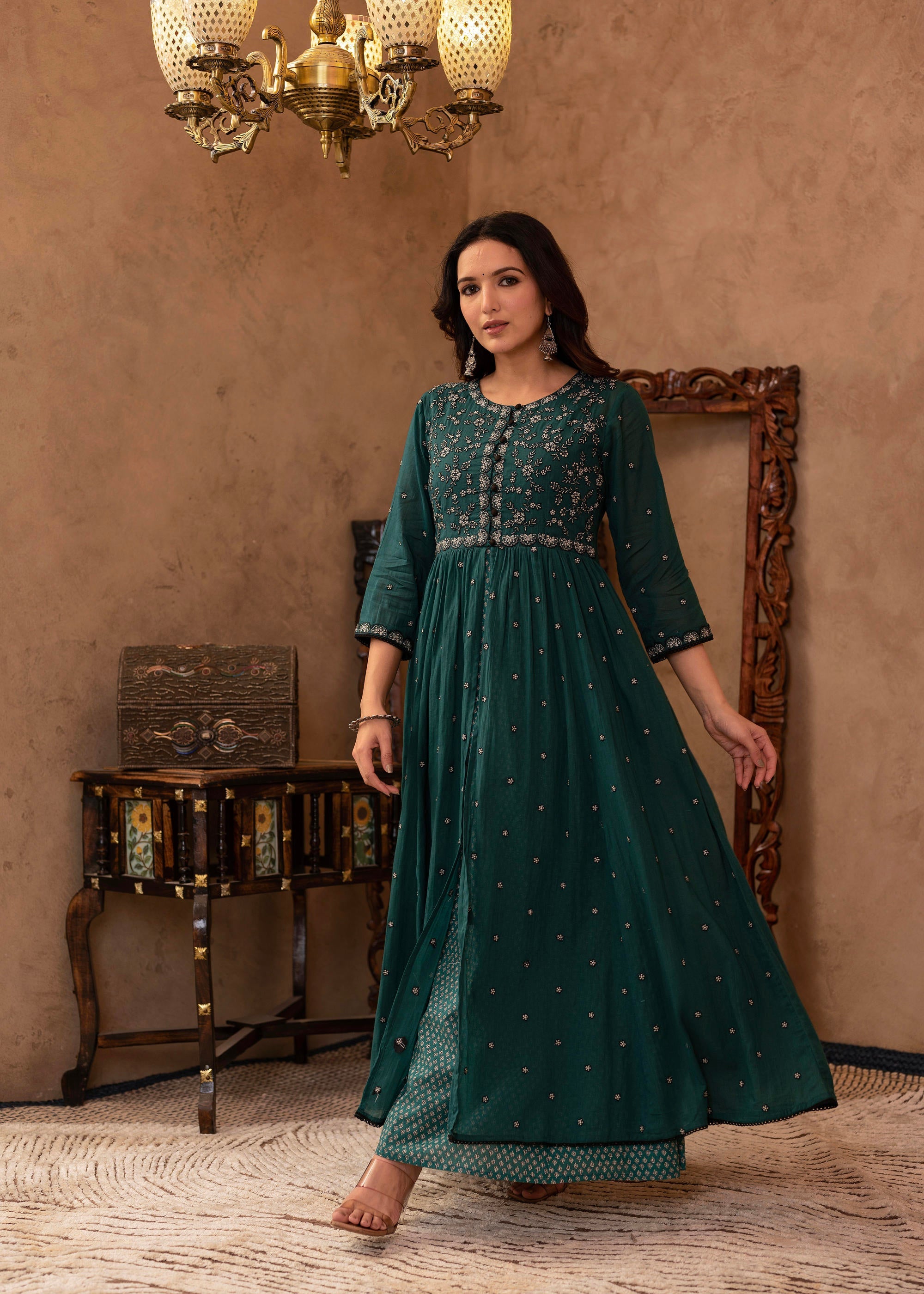 Green Floral Embroidered Cotton Dress with Button Details