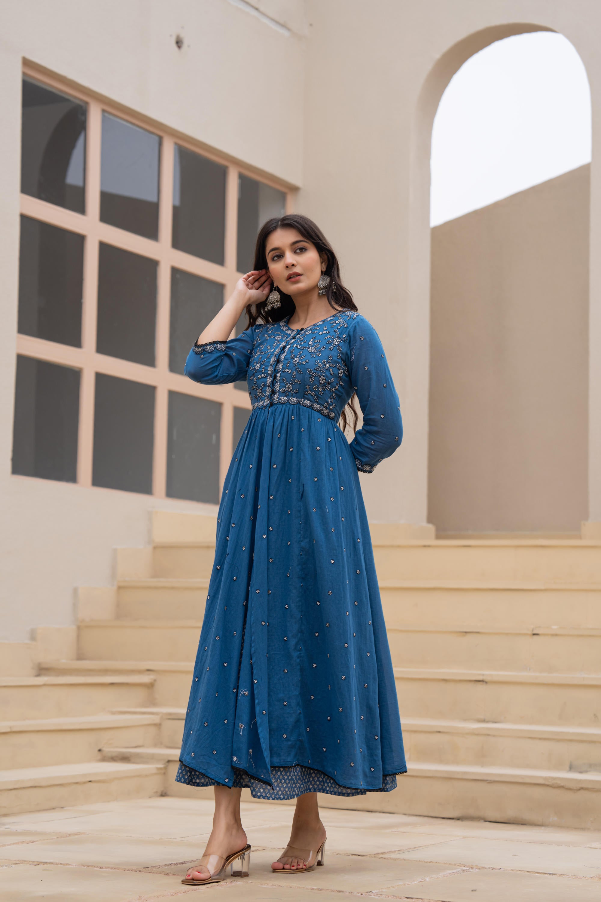 Indigo Floral Embroidered Cotton Dress with Button Closure & Cotton Lace