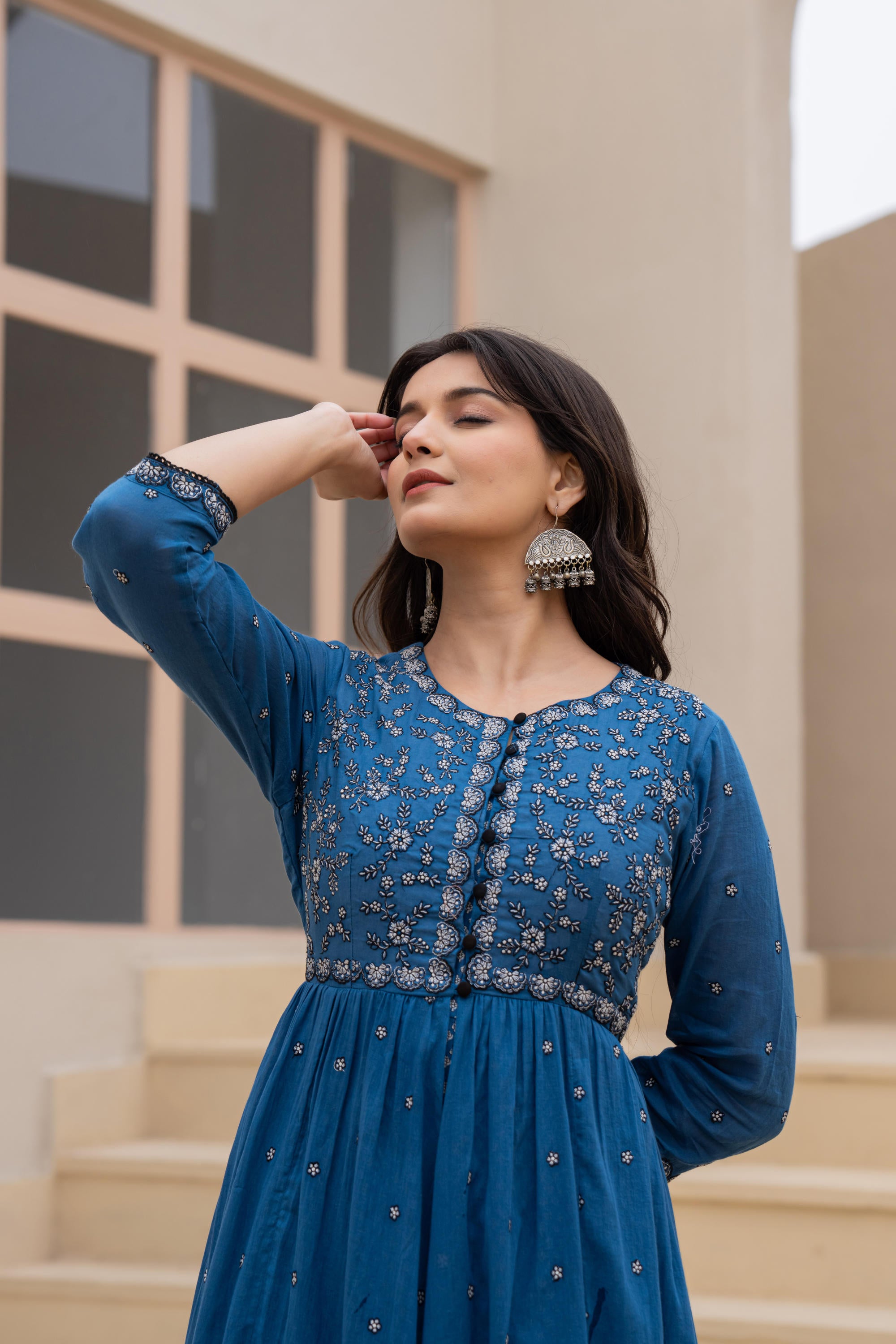 Indigo Floral Embroidered Cotton Dress with Button Closure & Cotton Lace