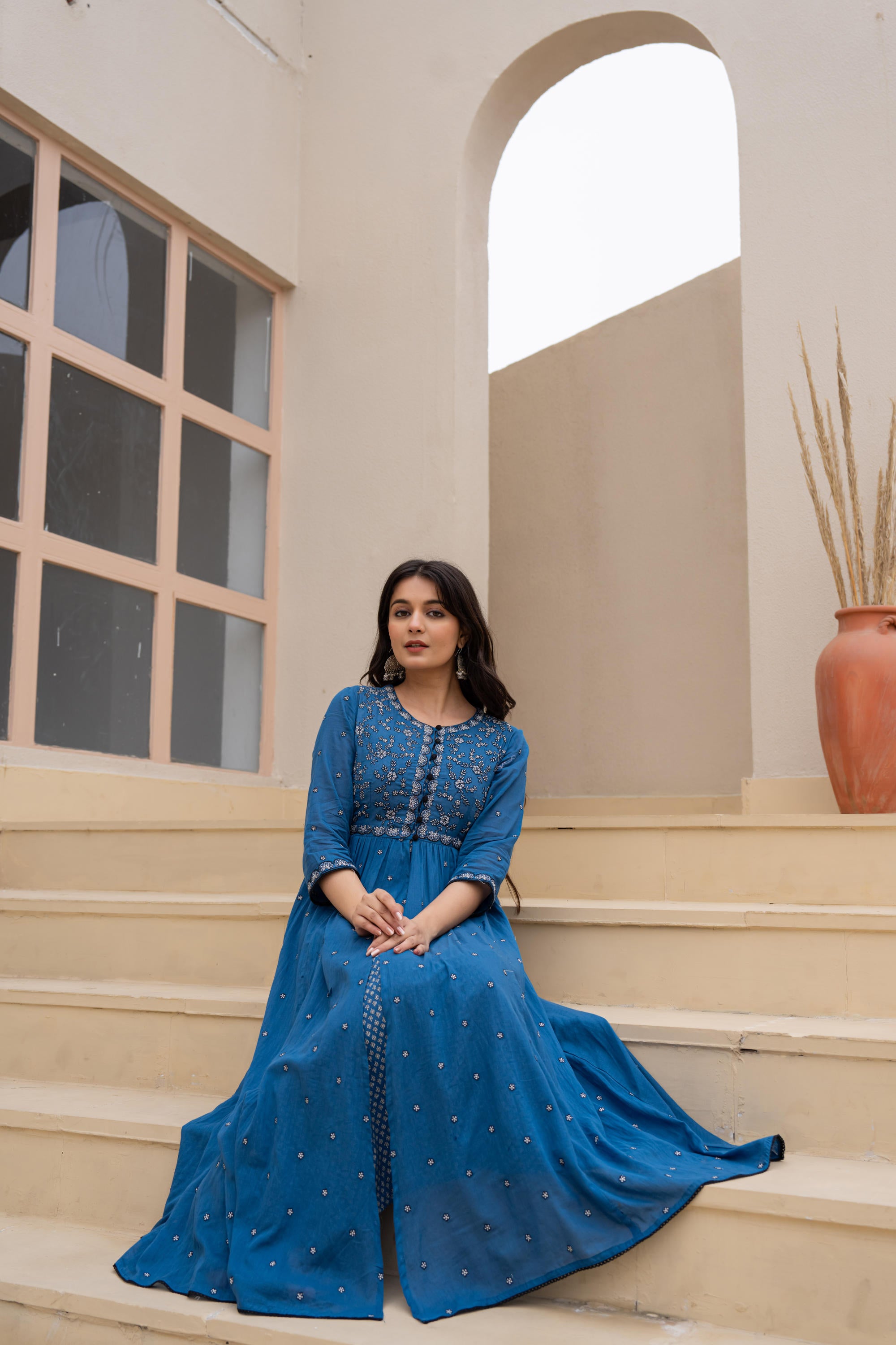 Indigo Floral Embroidered Cotton Dress with Button Closure & Cotton Lace