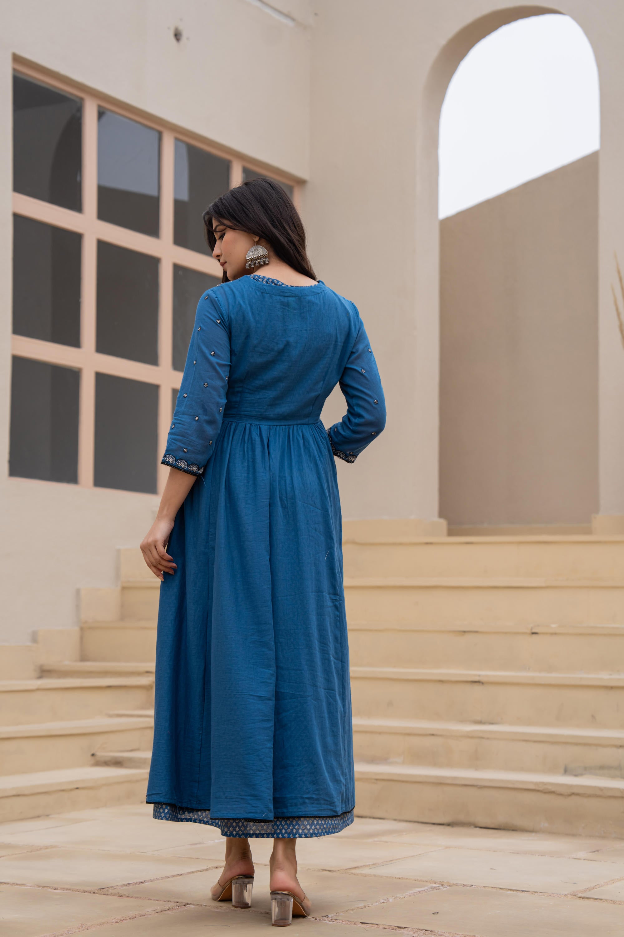 Indigo Floral Embroidered Cotton Dress with Button Closure & Cotton Lace
