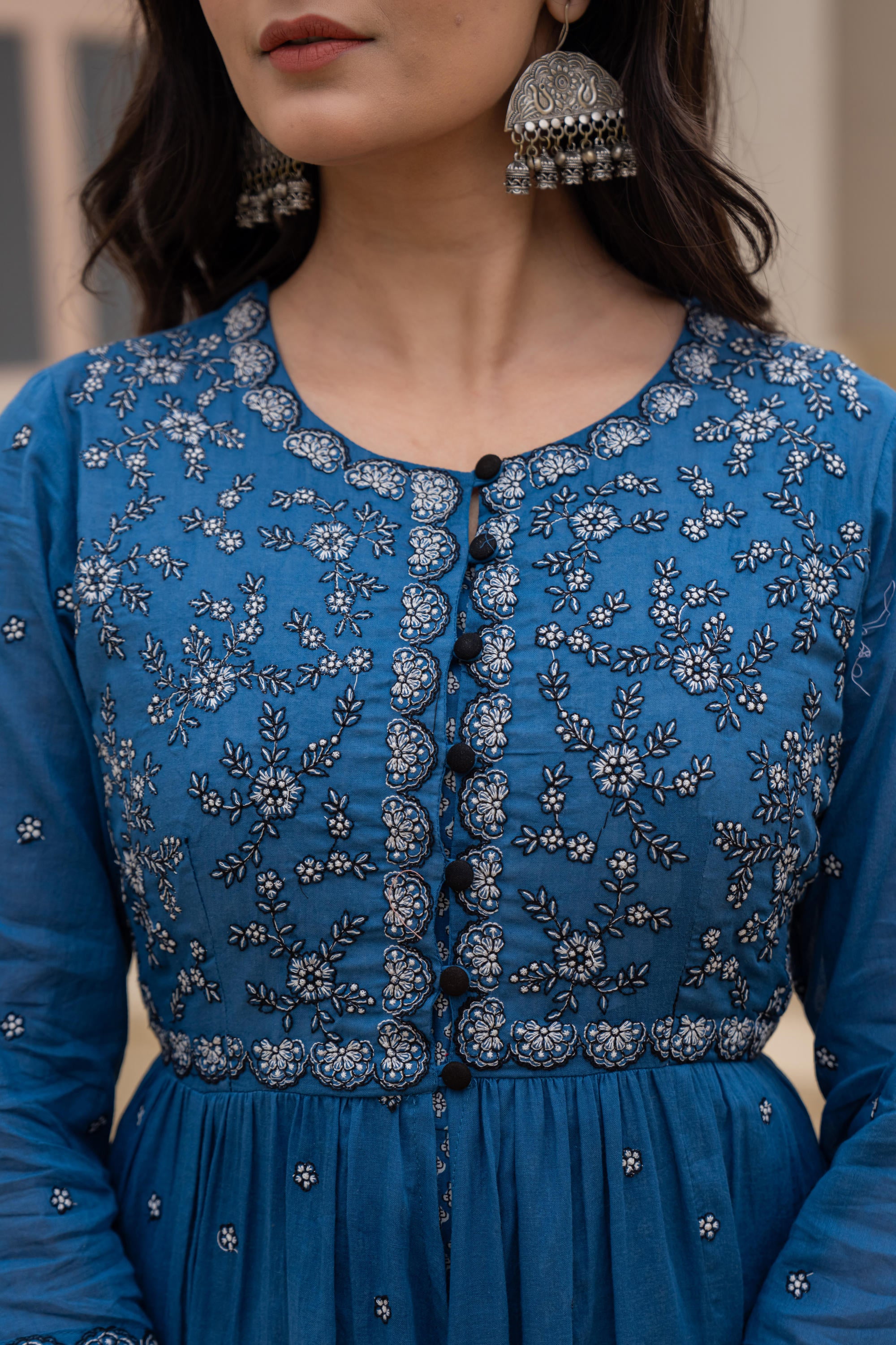 Indigo Floral Embroidered Cotton Dress with Button Closure & Cotton Lace