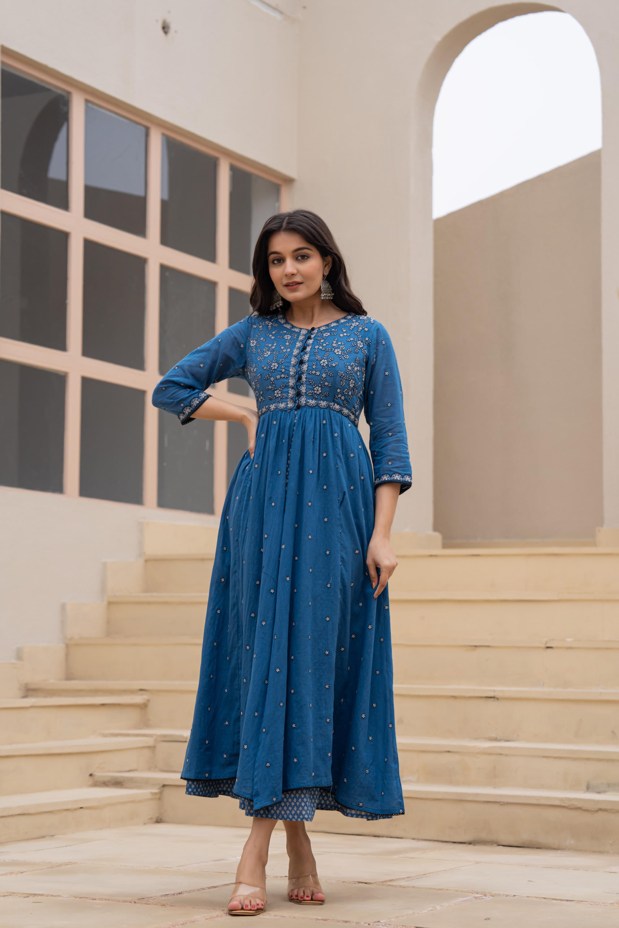 Indigo Floral Embroidered Cotton Dress with Button Closure & Cotton Lace